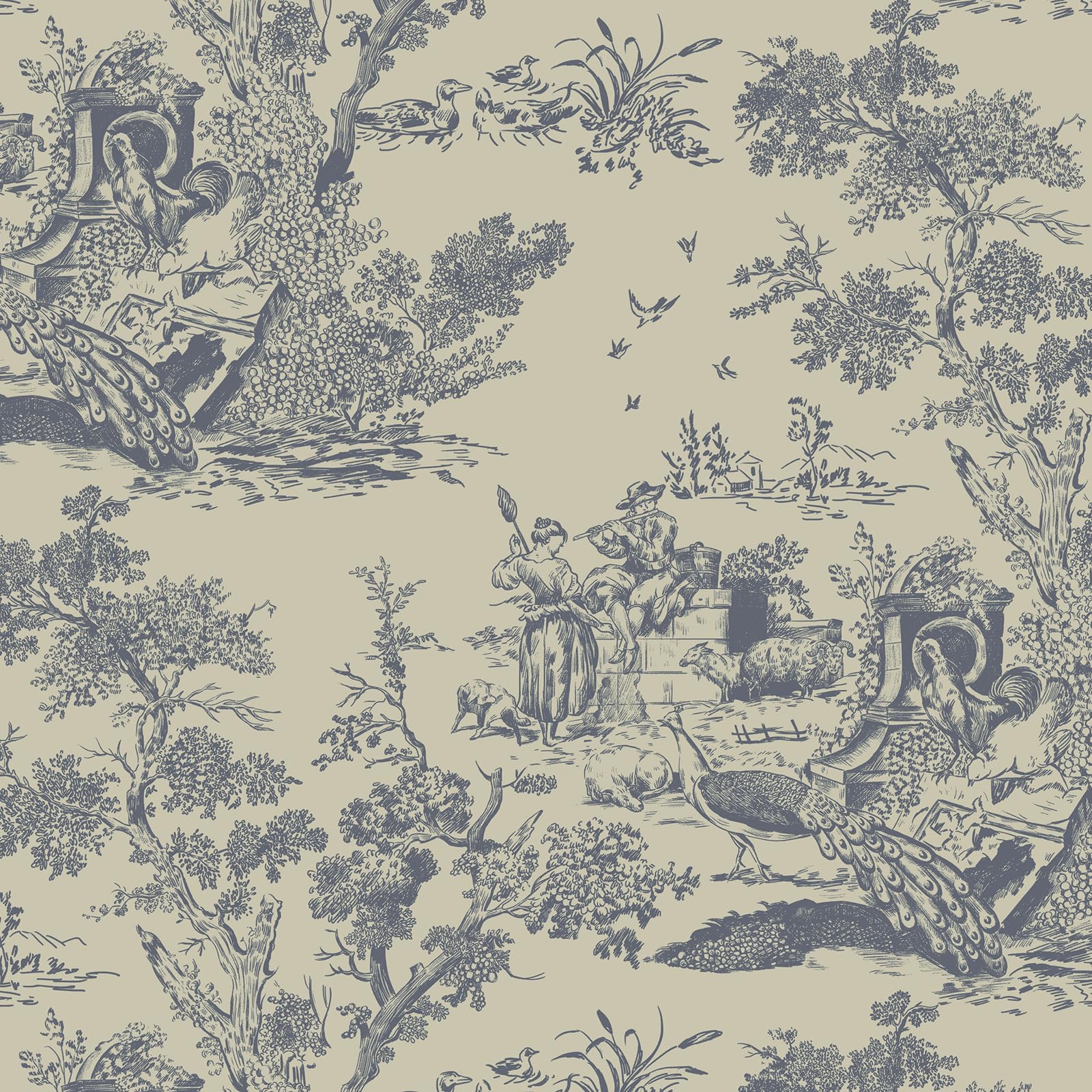 Papel tapiz autoadhesivo azul y beige, 41 cm x 10 m, papel tapiz vintage para despegar y pegar, papel tapiz de árbol y animales, papel tapiz de vinilo impermeable para sala de estar, muebles de