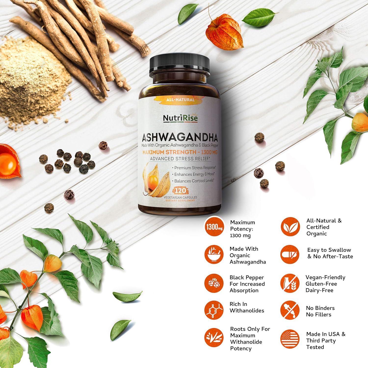 Ashwagandha 1300mg Made with Organic Ashwagandha Root Powder & Black Pepper Extract - 120 Capsules. 100% Pure Ashwagandha Supplement for Stress Relief, Anti-Anxiety & Adrenal, Mood & Thyroid Support : Health & Household