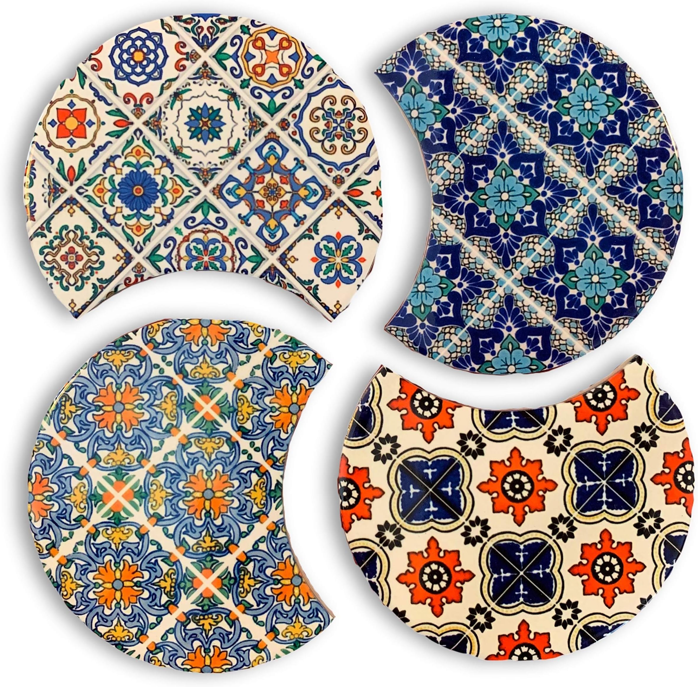 Absorbent Ceramic Cool Coaster Set with Cork Base, Set of 4 Modern Moroccan Boho Table or Bar Coasters or Use as Kitchen Pot Holders, Hot Pad or Trivets for Hot Dishes, Pots and Pans, 4.25"in