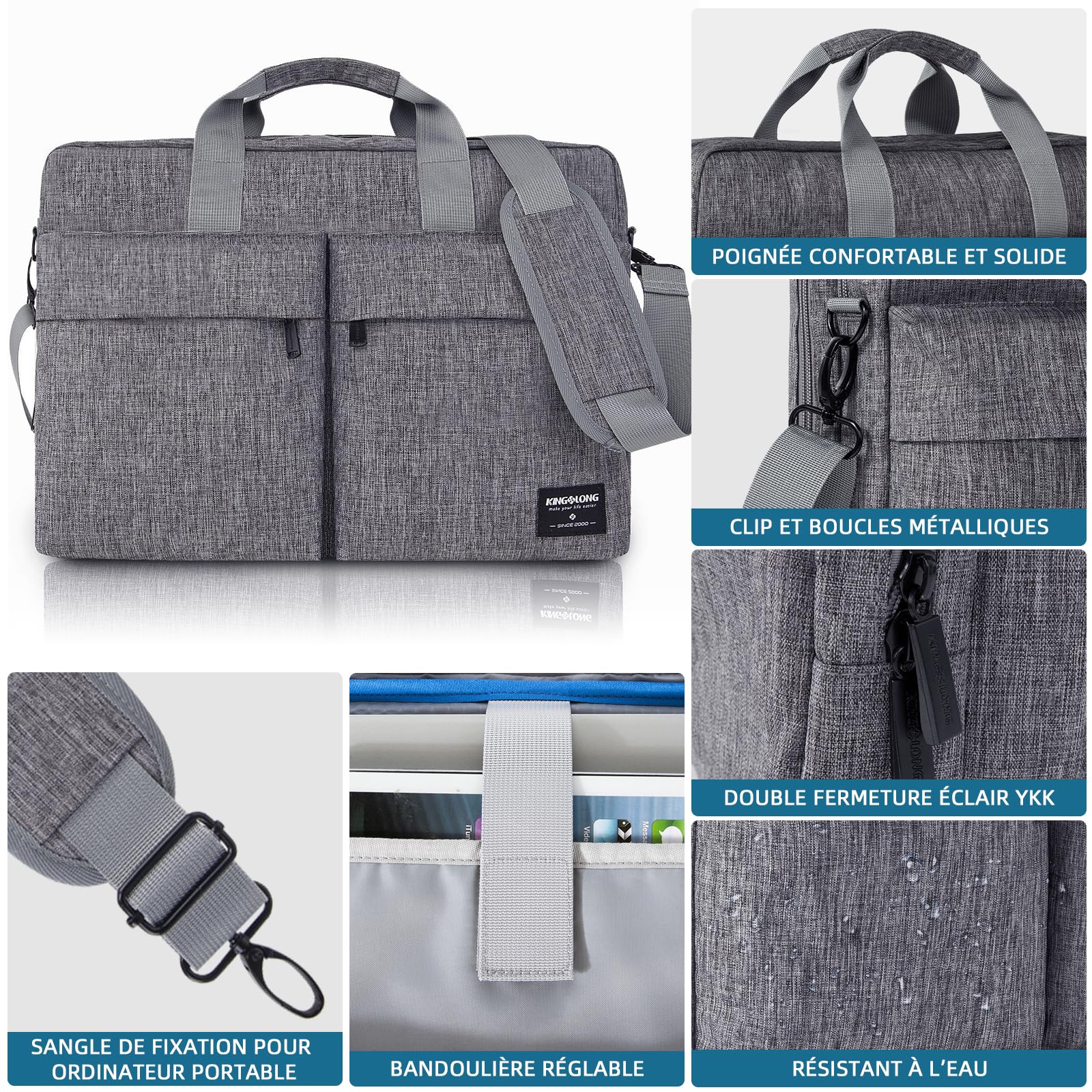 KINGSLONG Sacoche Ordinateur Portable: 17-17,3 Pouces Imperméable Sac Laptop Homme Femme Double Compartiment, Bandoulière Amovible, 2 Grandes Poches Avant – Mallette Business Travail Voyage