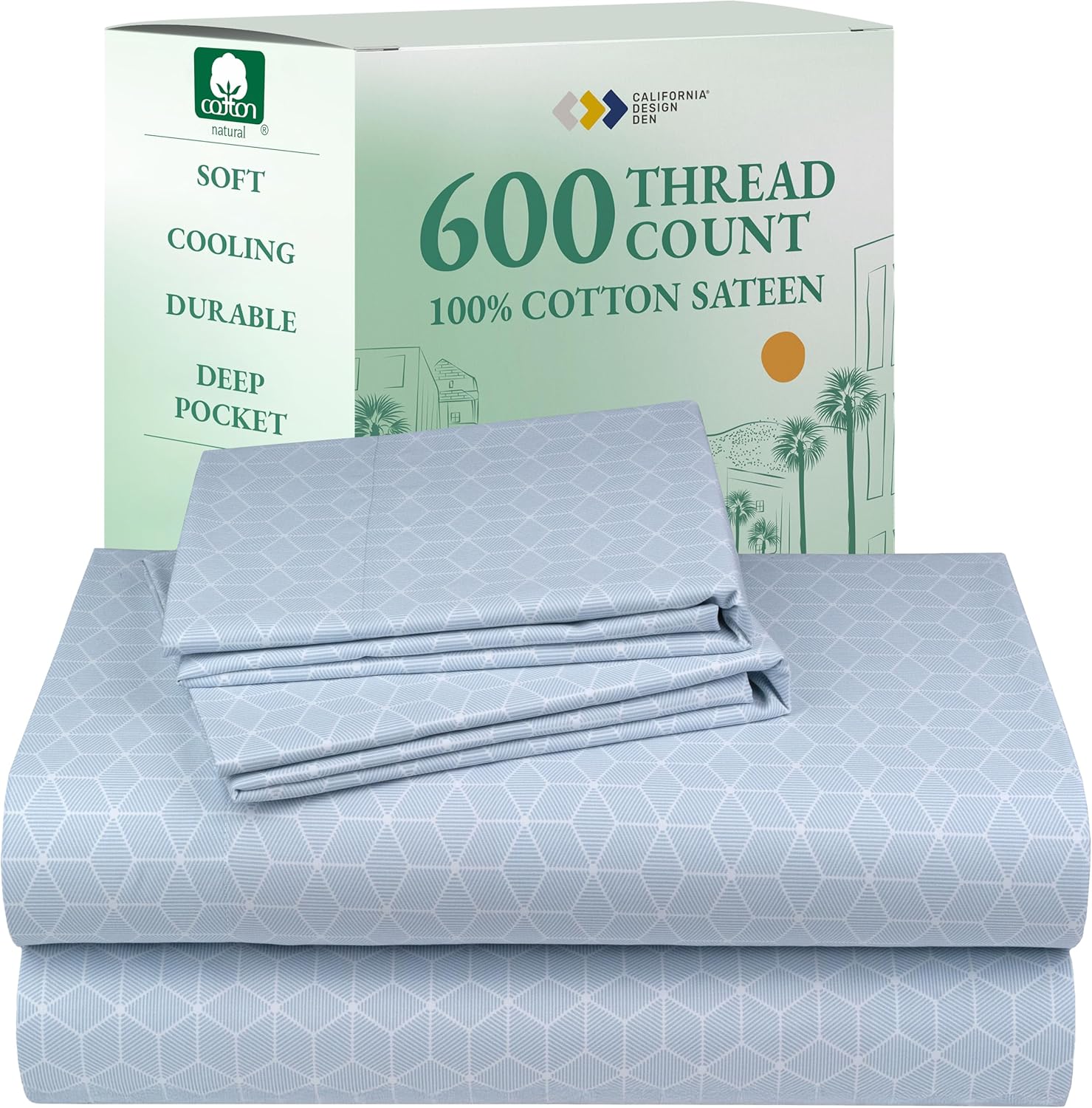 California Design Den Luxury Queen Size Sheet Set - 100% Cotton, 600 Thread Count Deep Pocket Queen Sheets, Hotel-Quality Bedding with Sateen Weave - Print - Geo Urban