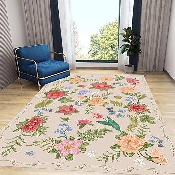Rose Area Rug for Kitchen, 5x6ft, Traditional Boho Colorful Flowers Roses Rustic Decor Floor Mat, Reduce Noise Soft Fade Resistant Home Goods Flat Mat for Dining Room Front Door