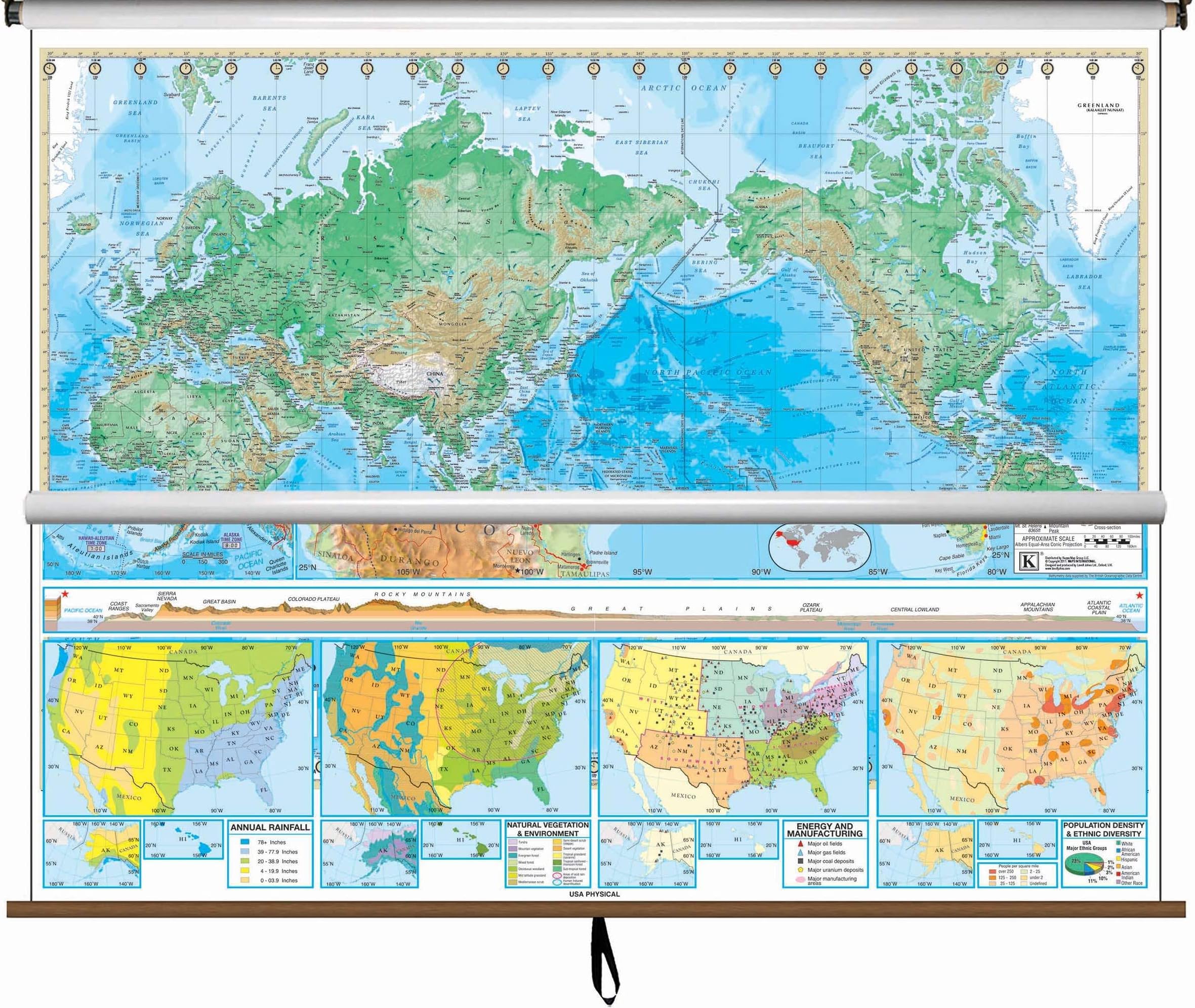 US/World Advanced Physical Classroom Combo Map on Roller w/ Brackets