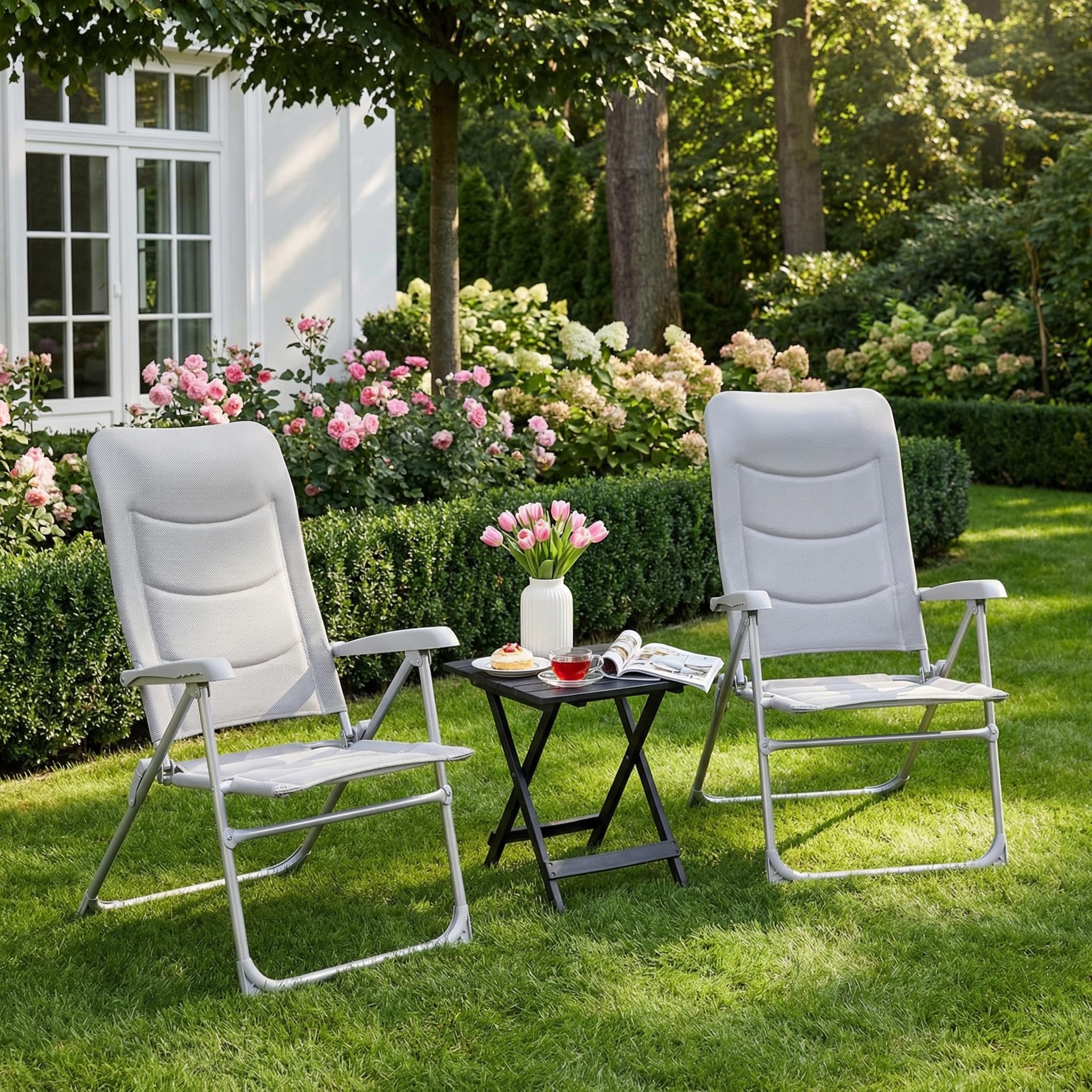 LIFERUN 2er Set Gartenstühle Hochlehner Gepolstert, 6-Fach Verstellbarer Balkonstuhl Alu, Klappstuhl bis 150kg mit Kopfstütze, Hellgrau