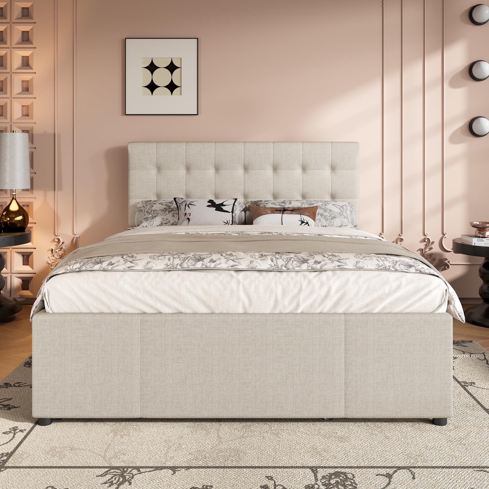 Moimhear Letto imbottito, matrimoniale, letto familiare, matrimoniale con tre cassetti, letto estraibile, testiera regolabile (beige)