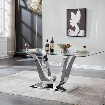 70" Modern Glass Silver Dining Table for 6-8,Dining Room Table with 0.39" Tempered Glass Top and Dual U-Shaped Stainless Steel Base,Rectangle Kitchen Table Dinner Table for Dining Room Kitchen