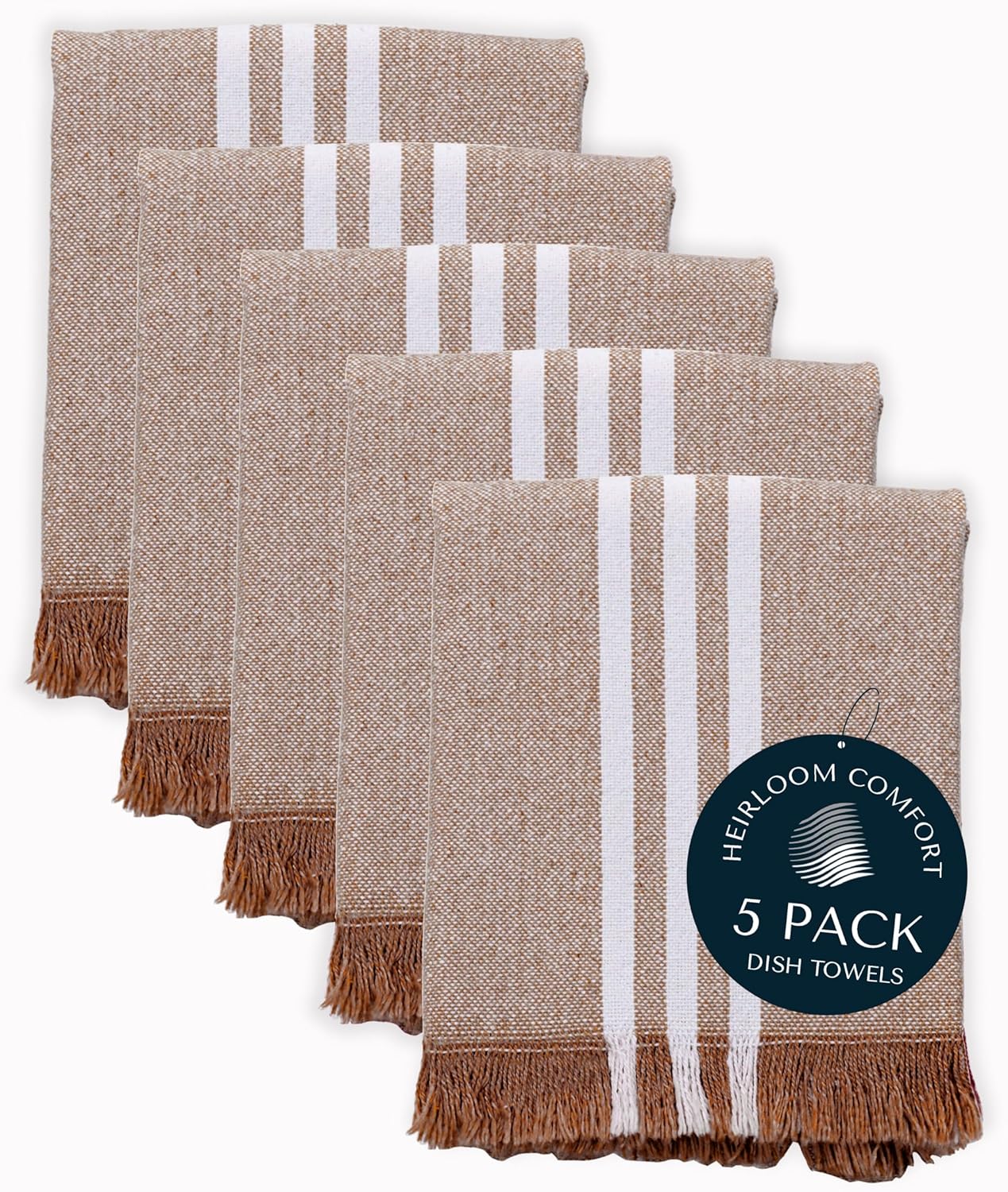 Monochrome Striped Dish Towels 5 Pack, 16x26 Inch, 100% Cotton, Fringed Edges, Absorbent & Durable, Quick Drying Kitchen Towels for Daily Cleaning, Cooking, Baking, Easy Care, Brown
