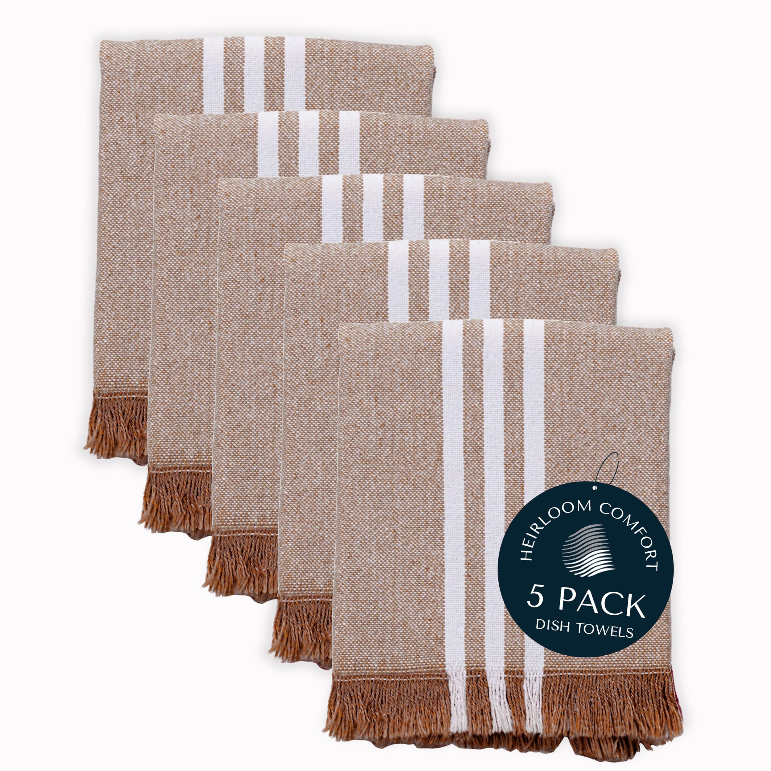 HEIRLOOM COMFORT Monochrome Striped Dish Towels 5 Pack, 40x66 cm, 100% Cotton, Fringed Edges, Absorbent & Durable