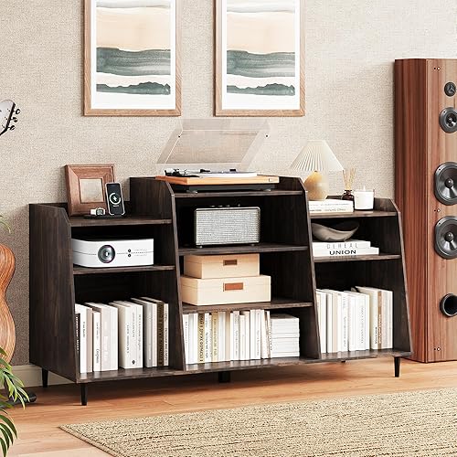 Miniatura 5 de Rresyet Soporte grande para tocadiscos con 4 salidas, armario de almacenamiento de discos de vinilo de 55 pulgadas con estantes divididos, consola