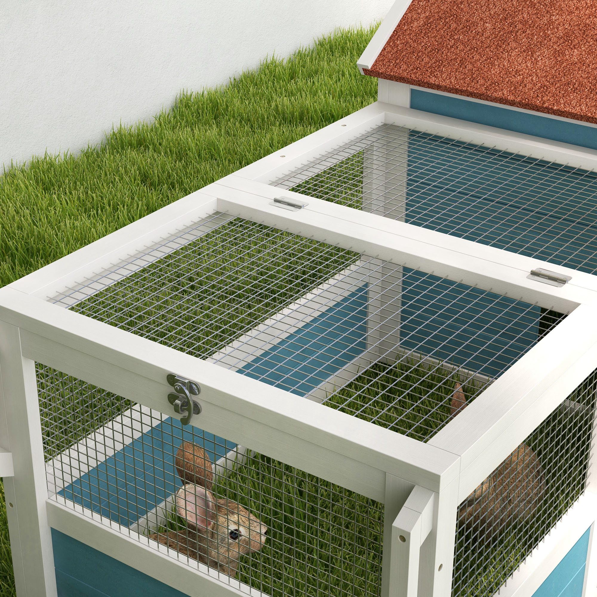 PawHut Conejera Exterior de Madera 162,5x59,2x77,6 cm Jaula para Conejo Grande con 2 Ventanas de Decoración 2 Ruedas 1 Puerta 1 Rampa y Techo de Asfalto Azul