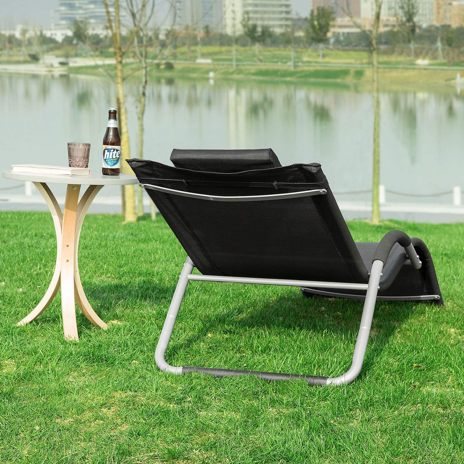 SoBuy Sonnenliege Strandliege Gartenliege Relaxstuhl mit Kissen für Gärten, Höfe, Strände, Balkone 120 kg Belastung Schwarz BHT ca. 55x67x165cm OGS38-SCH