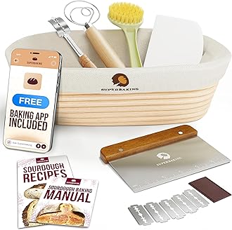Superbaking 10" Oval Banneton Bread Proofing Basket – Sourdough Starter Kit for Crusty Artisan Style Loaves, Includes Essential Bread Baking Supplies & Tools - Ideal Gift for Bakers