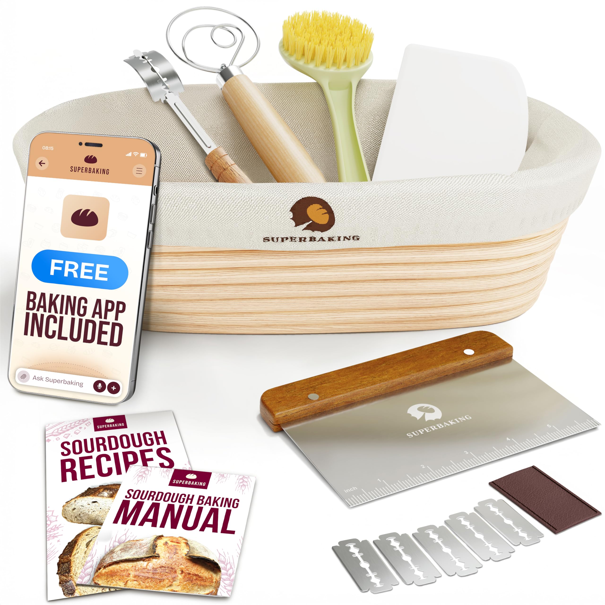 Superbaking 10" Oval Banneton Bread Proofing Basket – Sourdough Starter Kit for Crusty Artisan Style Loaves, Includes Essential Bread Baking Supplies & Tools - Ideal Gift for Bakers