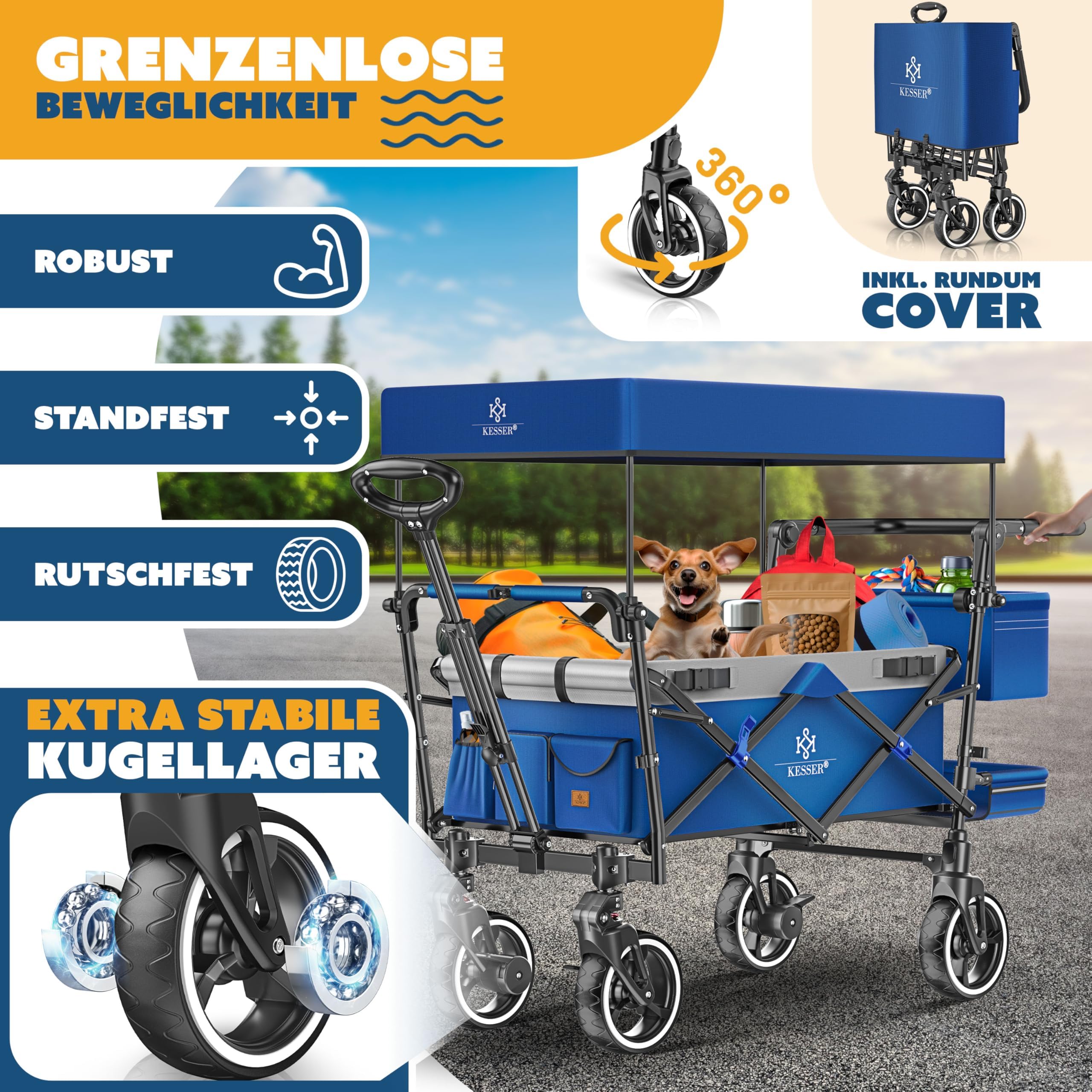 KESSER® GTS-9100 Chariot de transport pliable, toit, 150 kg, roues en caoutchouc dur, freins, serrure, couverture, intempéries, brise-vue