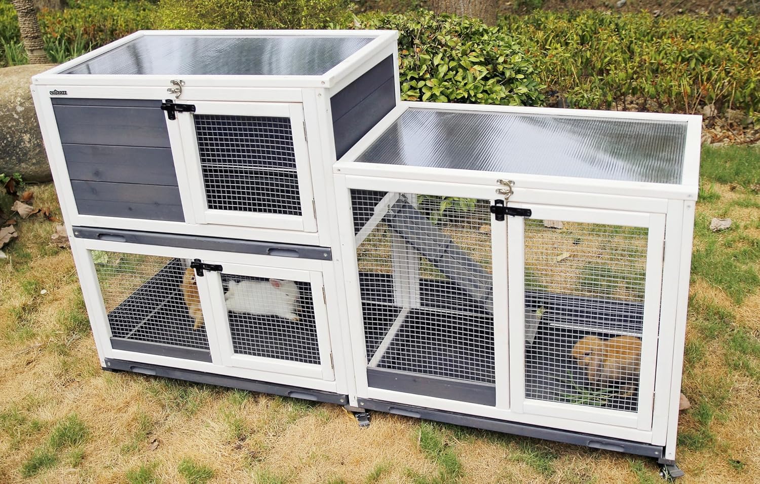 Indoor and Outdoor Wooden Rabbit Cage, 2-Story, with Wheels, Ramp, 2 Pull-Out Trays, Open Sun Panel Roof, for Rabbits, Guinea Pigs