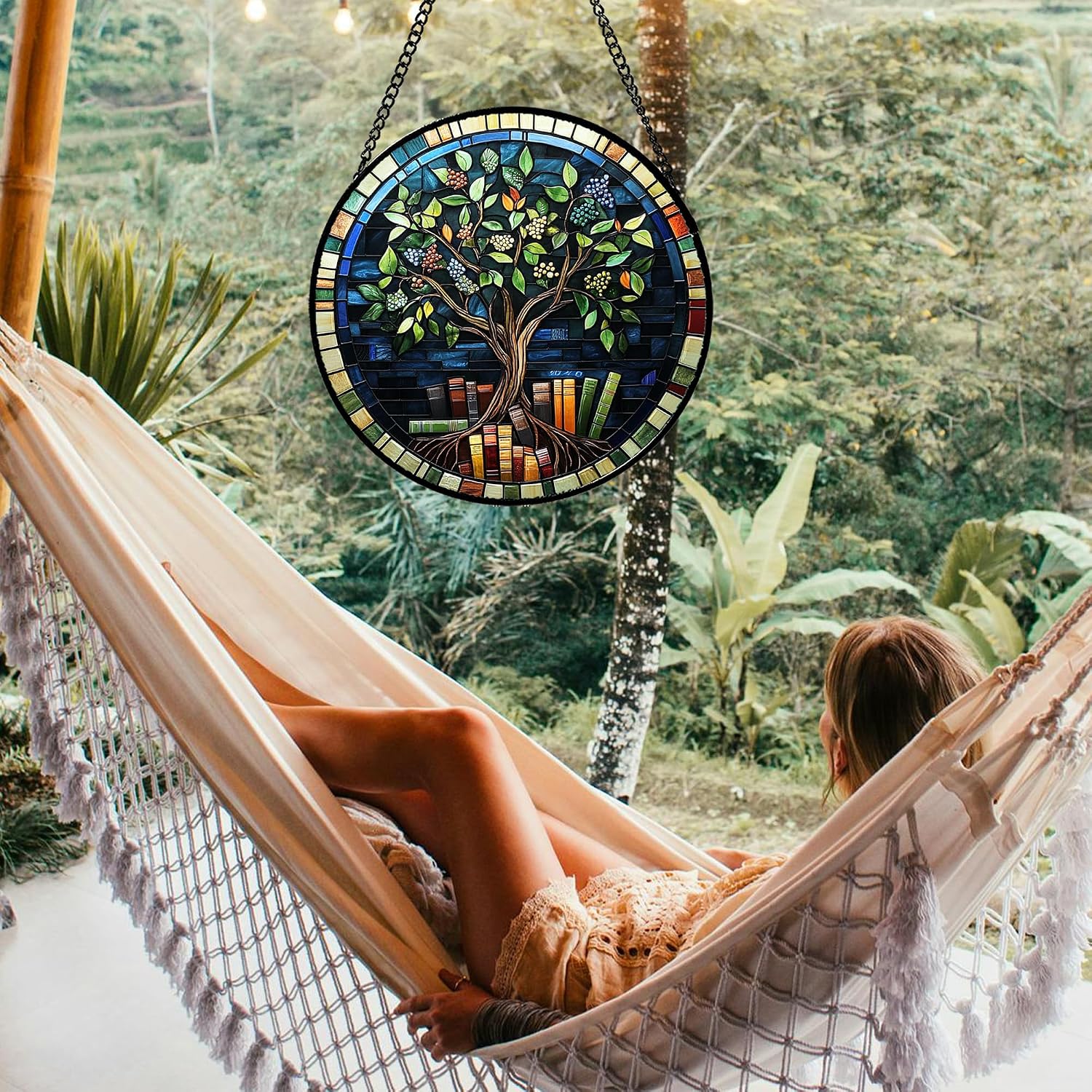 Stained Glass Window Hanging Green Life Tree Berry Book 7.8" - Blue Suncatcher Door Garden Sun Catcher Home Decor Birthday Christmas for Mom Men Woman Nana Friend image 4