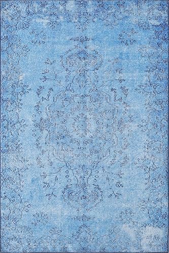 Miniatura 2 de Woolknot ENC1092 - Alfombra vintage azul para sala de estar, alfombra floral, turquesa, pequeña, lavable, bohemio, alfombra estampada envejecida con