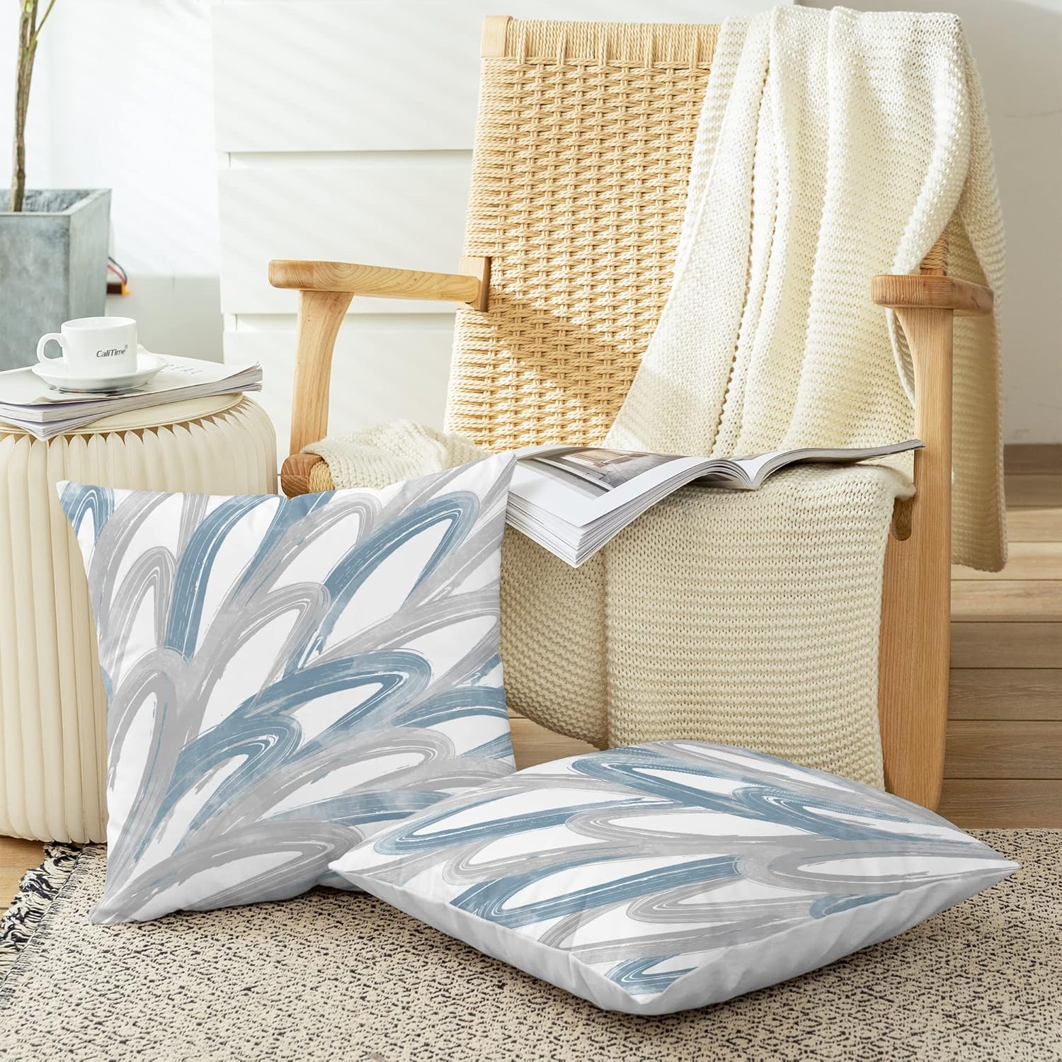 CaliTime Throw Pillow Cases Pack of 2 Cozy Fleece Two-Tone Abstract Feather Decorative Cushion Covers for Couch Bed Sofa Farmhouse Decoration 22 X 22 Inches Smoke Blue Grey
