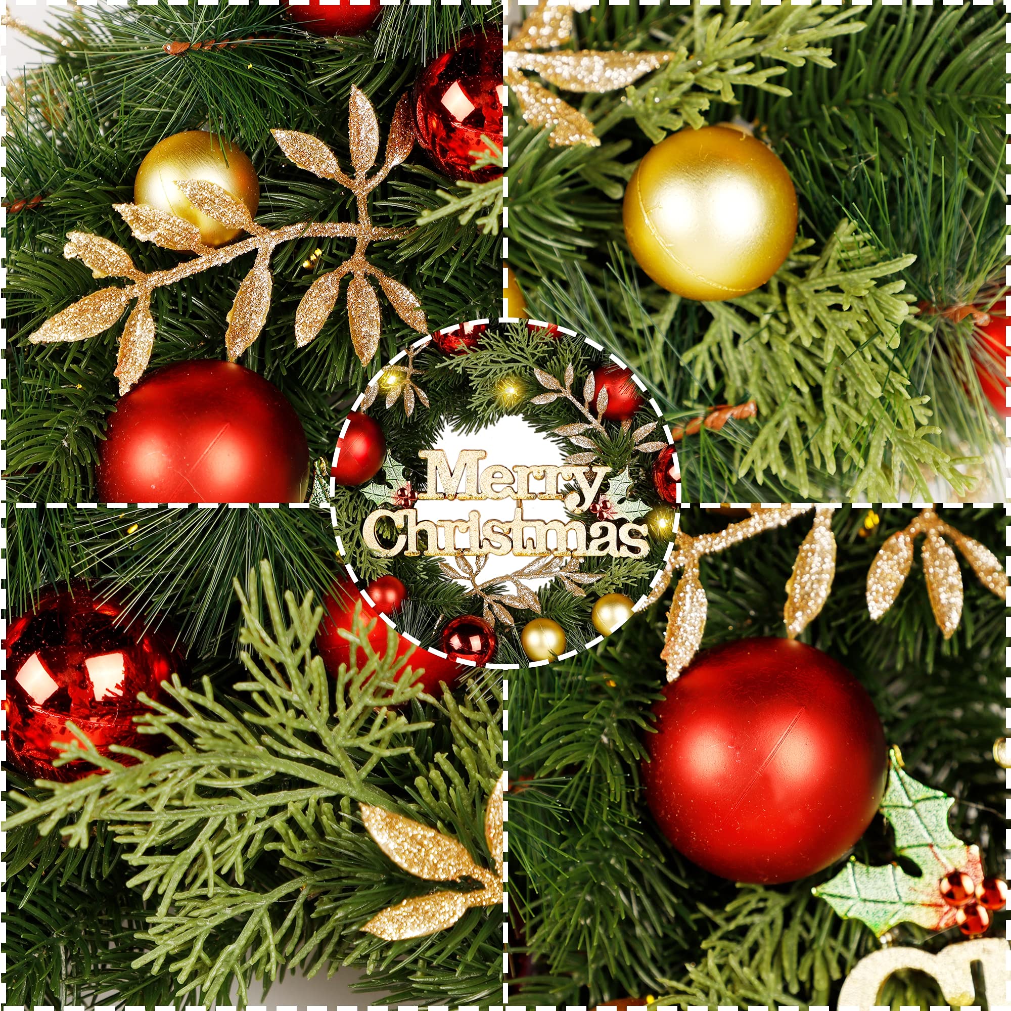 Sand Mine Christmas Wreath, Outdoor Lighted Christmas Wreath for Front Door, Christmas Balls Pre-Lit Xmas Wreath with for Holiday Christmas Party Decorations