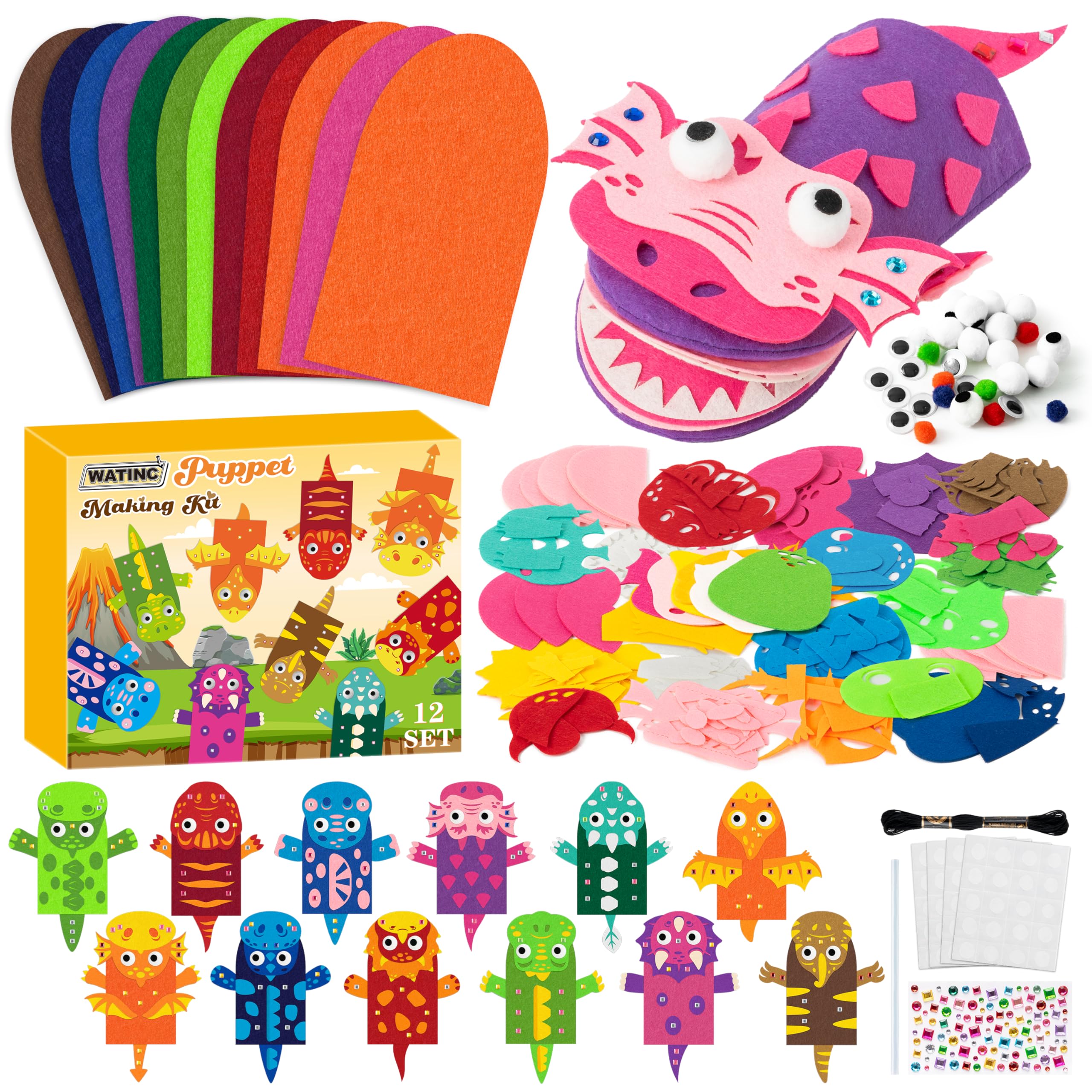 WATINC 12 Pcs Hand Puppet Making Kit, Art Craft Felt Sock Puppet Toys