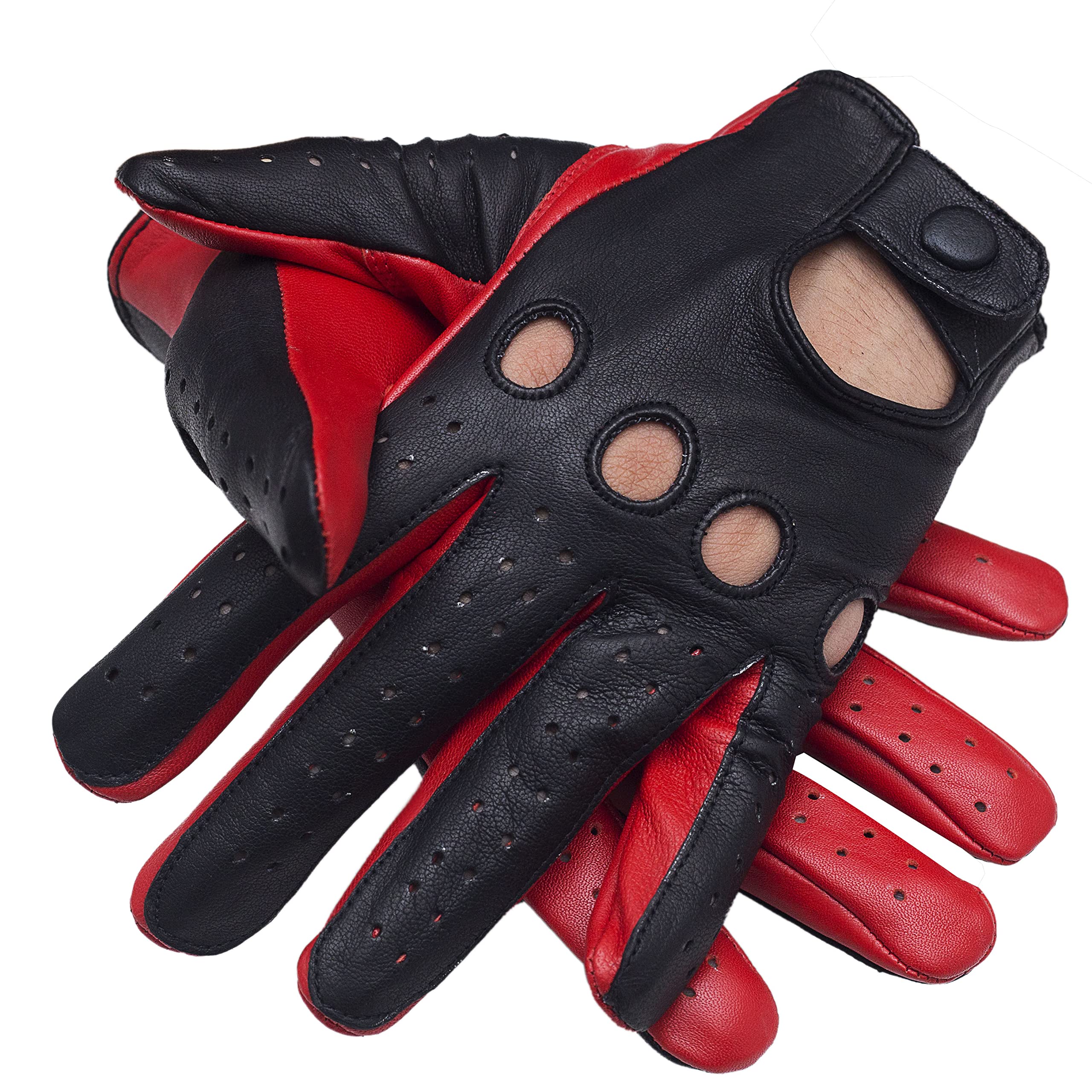 Multicoloured Genuine Leather Driving Biking Unlined Gloves for Men (Red & Black, Large)