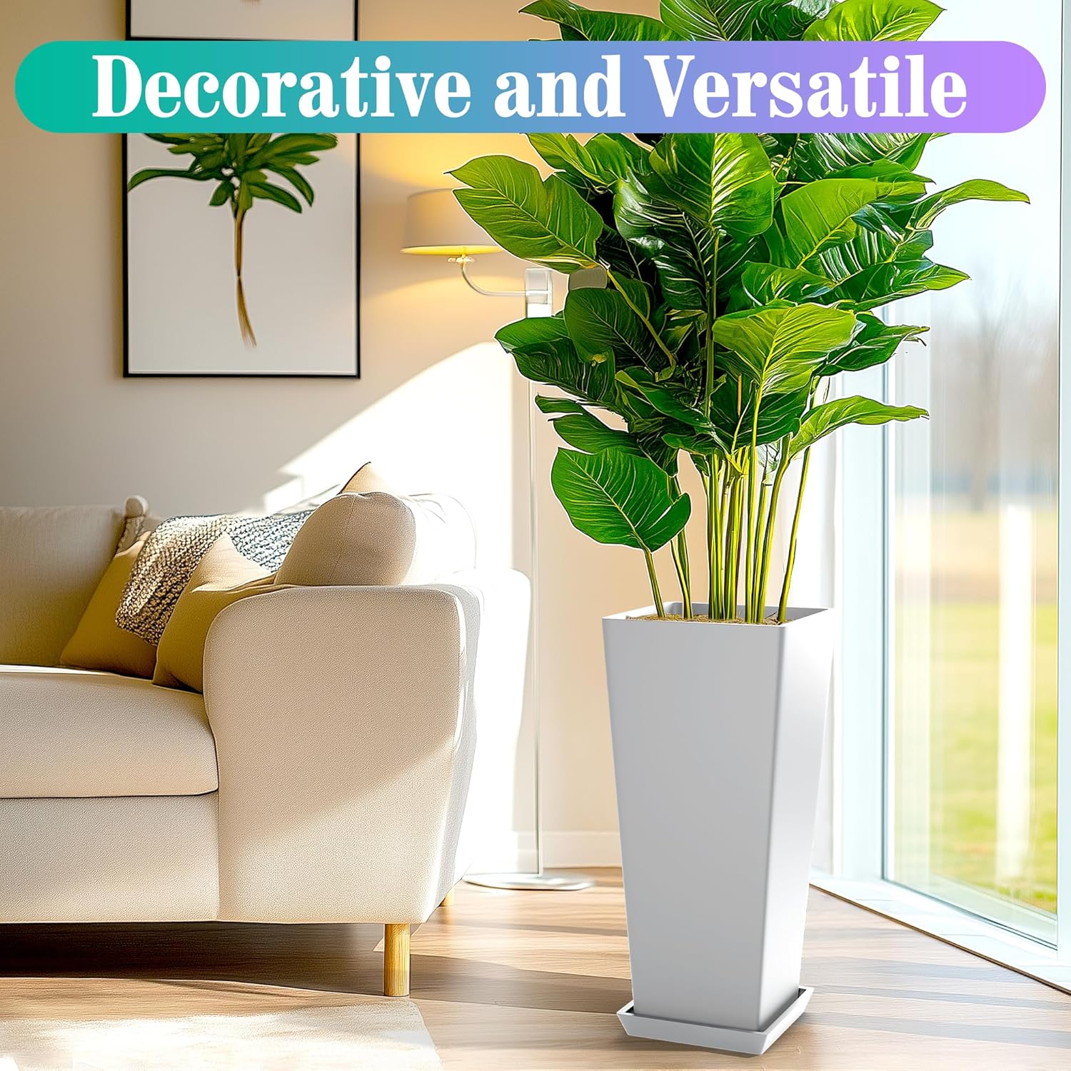 TUYOHW 24 Inch Tall Tapered Square Planters (Set of 2) - Indoor Outdoor Large Flower Pots with Built-in Drainage & Matching Water Tray for Patio, Garden, Home - White