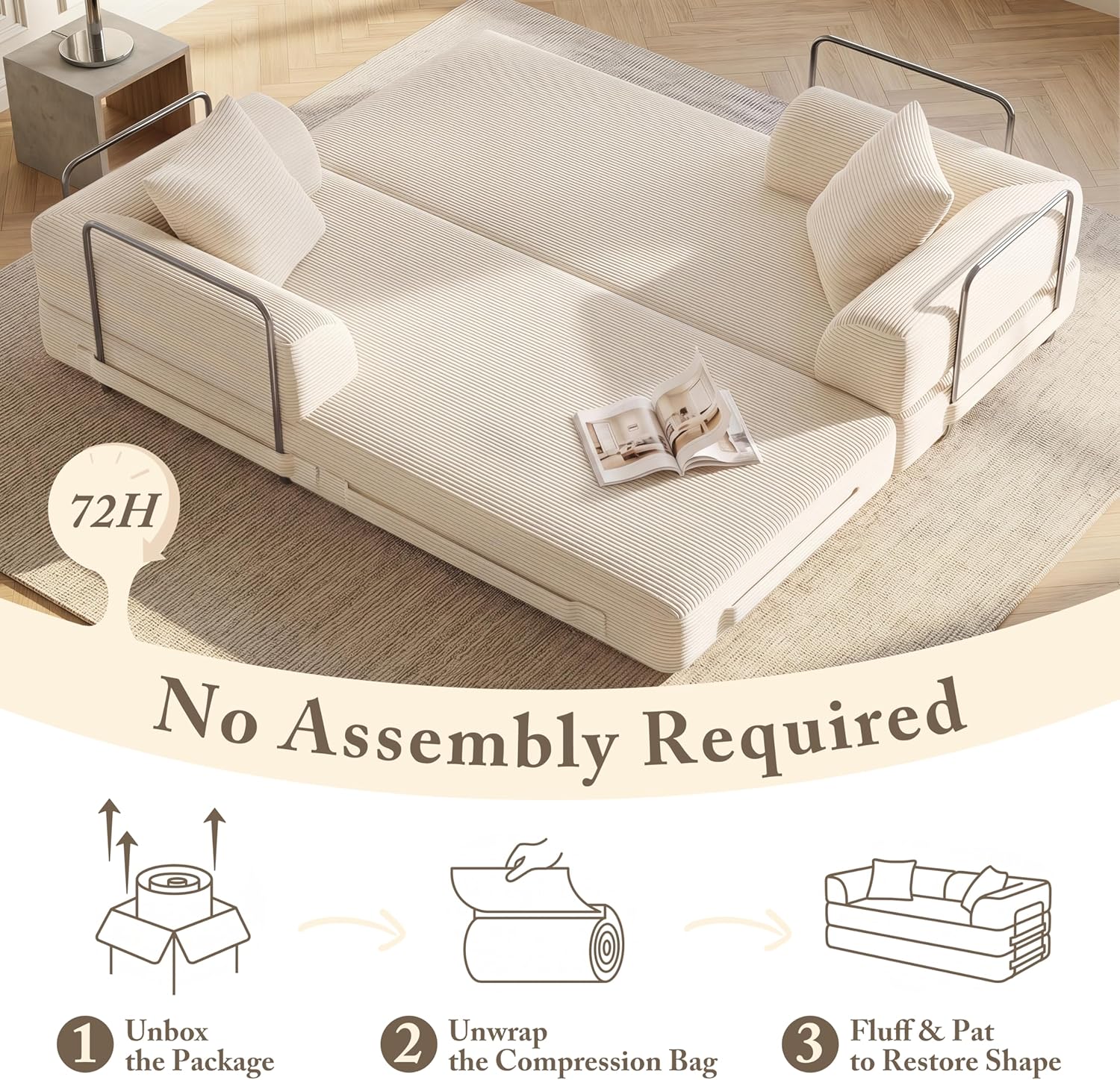 Cloud Boneless Convertible Floor Sofa Bed, 70" 5-in-1 Foldable Compressed Loveseat Lounge Sleeper 2 Seater Couches, High-Density Sponge & Corduroy Fabric Futon Daybed for Living Room Bedroom(Beige)