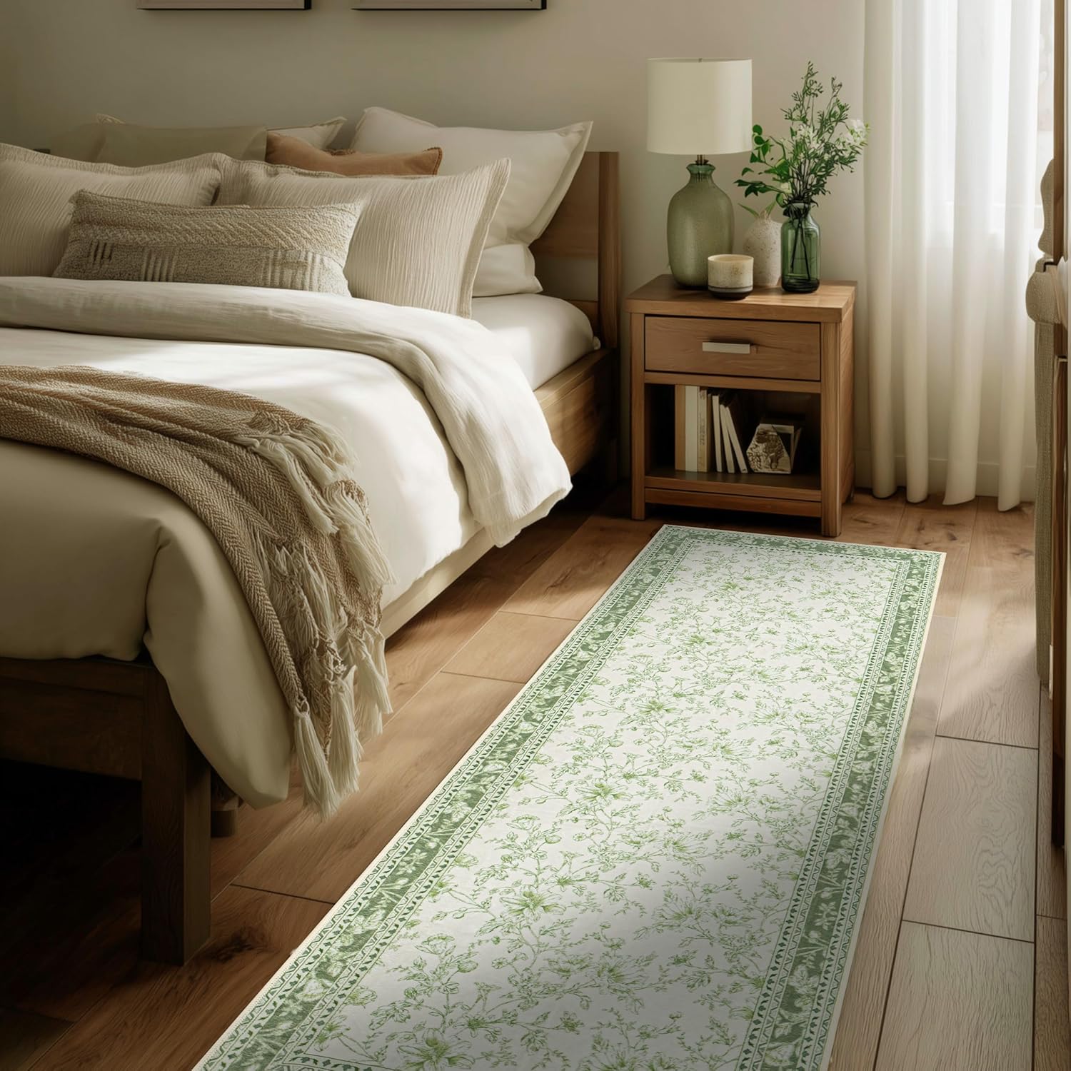 Sage Green Runner Rug 2x6 for Hallways, Non-Slip Washable Kitchen Runner Vintage Boho Farmhouse Floral Sketch Printed Rug Floor Carpet for Laundry Bedroom Entryway Green Cream Beige Flower Design