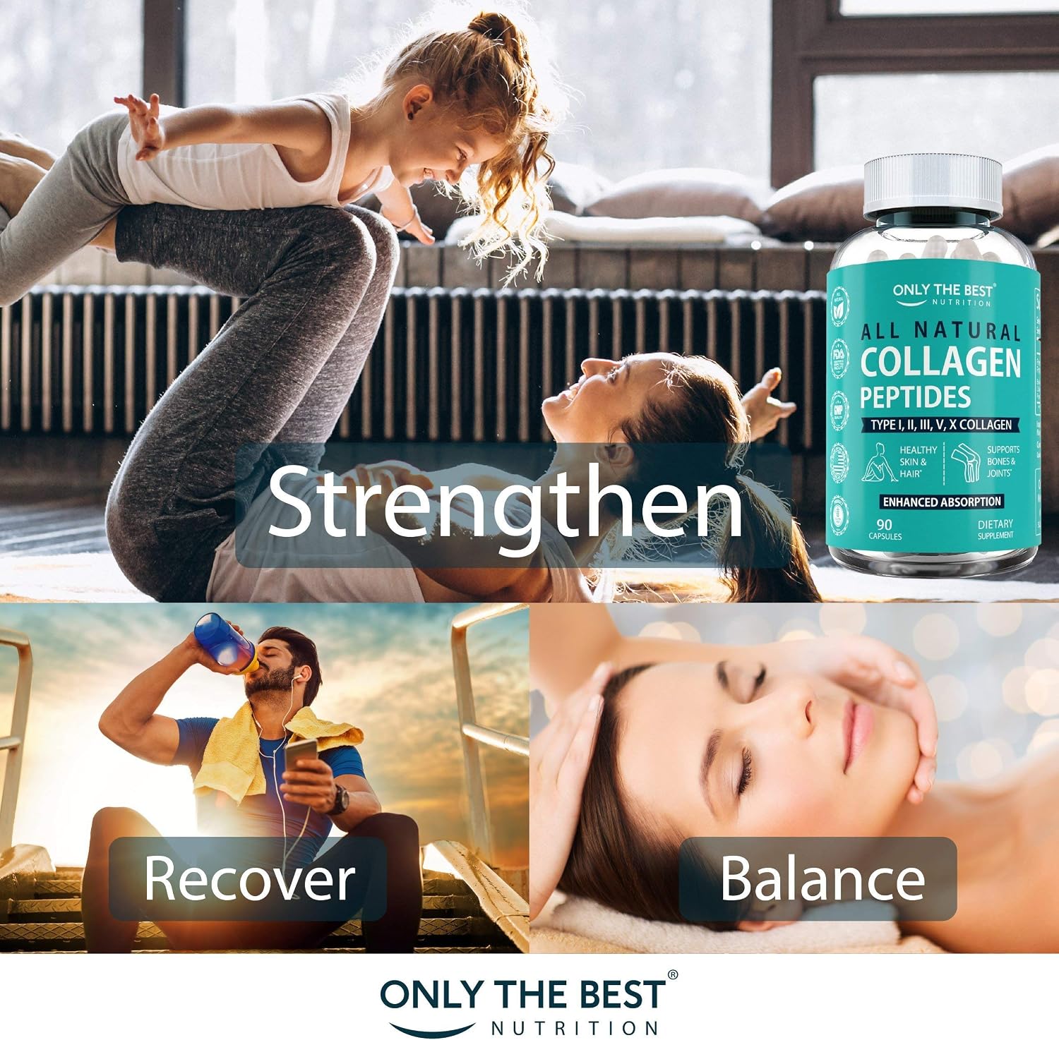 Only The Best Multi Collagen Complex with Types I II III V X Hydrolyzed Collagen Supplement Use for Hair, Skin, Nails, Anti-Aging, Digestive & Joint Health Grass Fed, Non-GMO, 90 Capsules