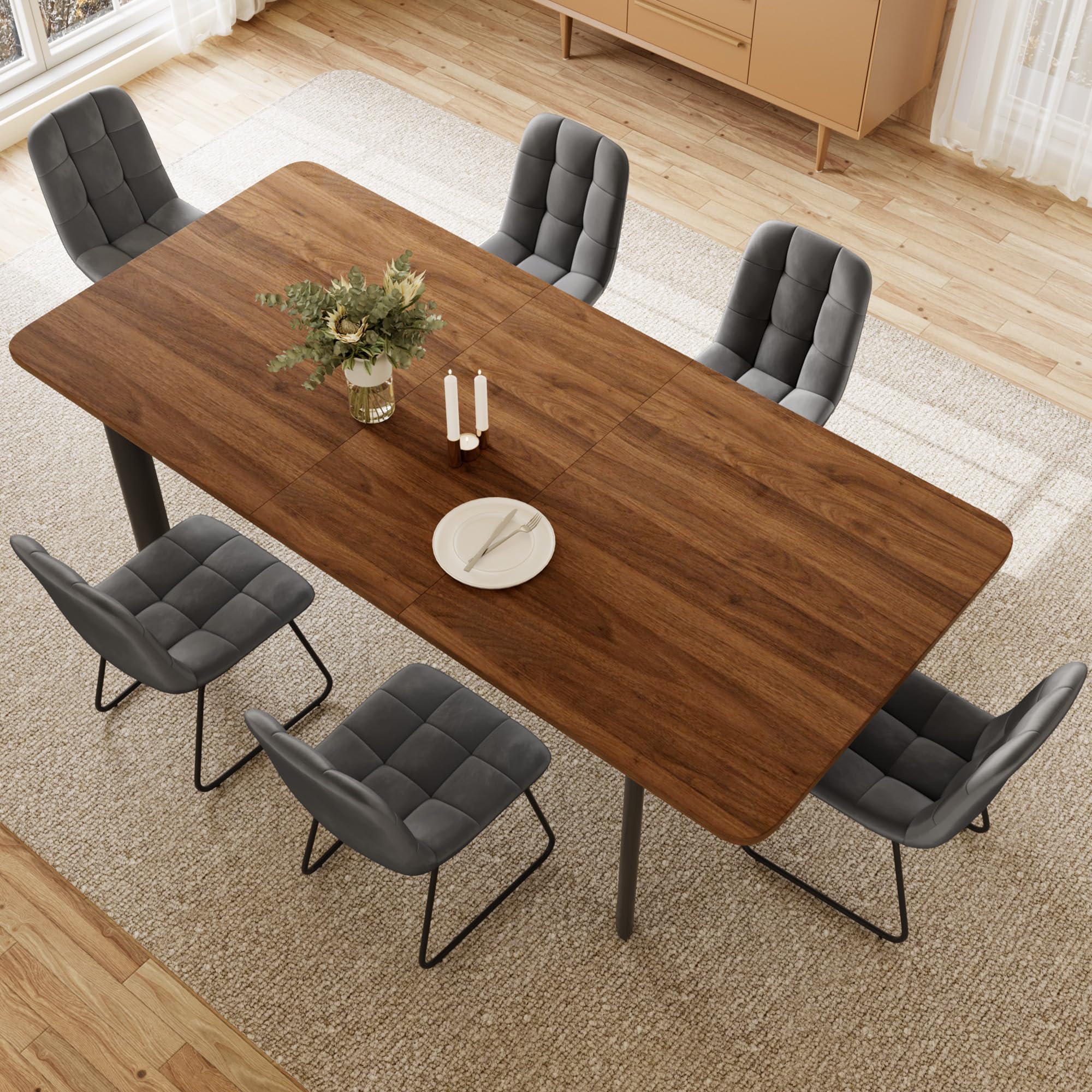 JIEXI Essgruppe Tisch Ausziehbar mit 4-8 Stühlen, 160-200cm Walnuss + 6 Grau