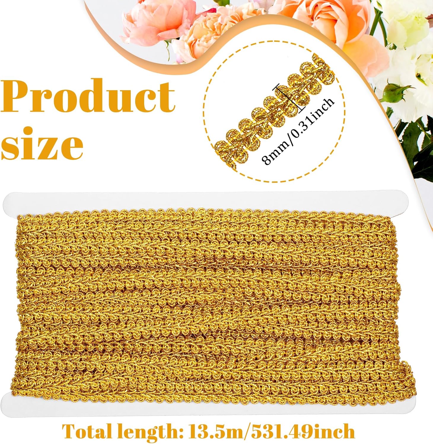 Gimp Braid Trim, 0.31 Inch 14.8 Yards Gold Trim for Sewing Golden Lace Fabric French Polyester Woven Braid Trims Decorative Gimp for Costume DIY Crafts Sewing Home Decoration Costume Accessories