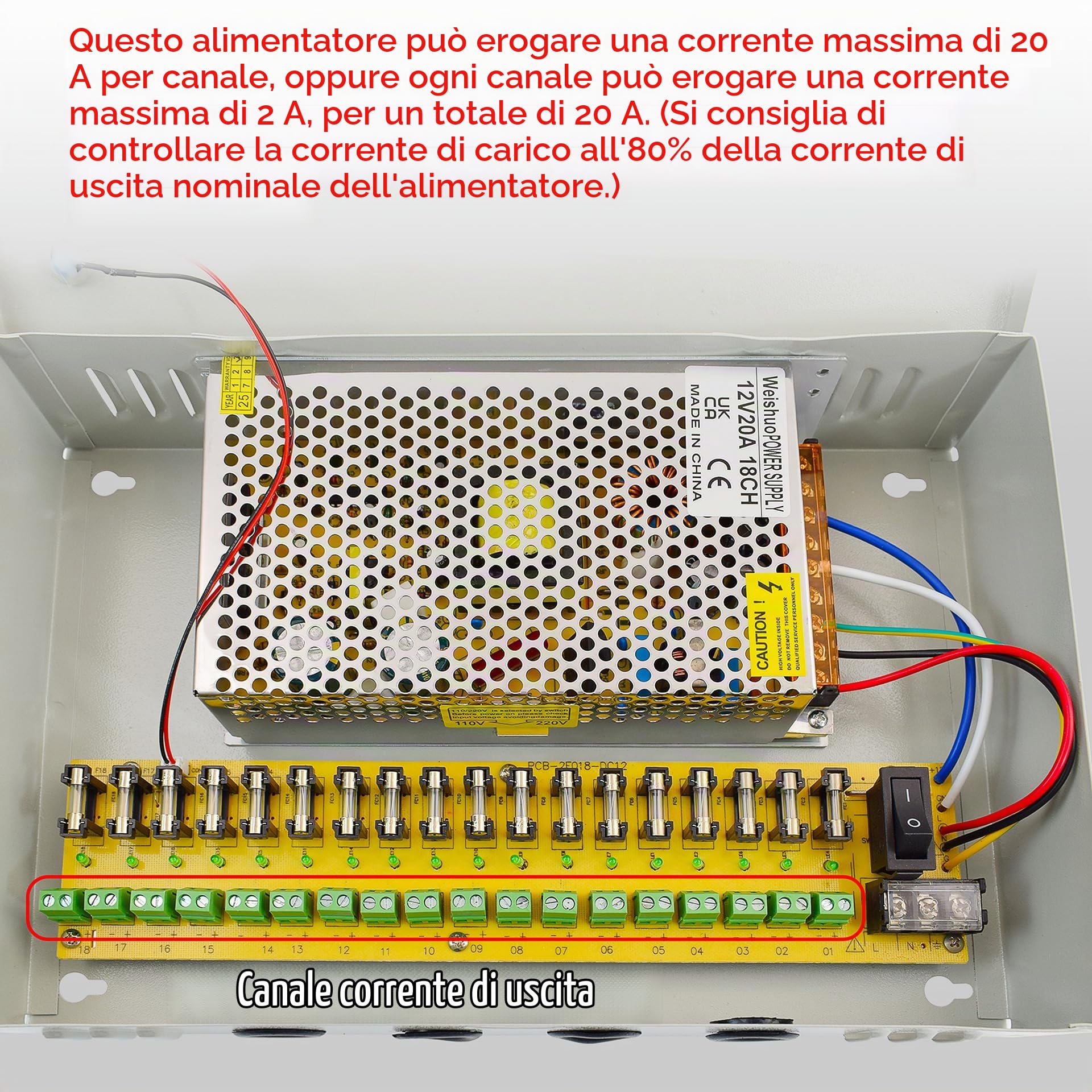 12V 20A 240W 18CH Scatola Alimentatore CCTV, Alimentazione Centralizzata Switching DC 12V, Alimentatore Distribuito per Telecamere Sorveglianza, DVR, Striscia LED, Illuminazione Esterna