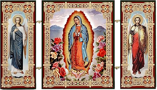 Tríptico Icono de Nuestra Señora de Guadalupe, icono de lámina dorada con arcángeles, San Miguel y San Gabriel, regalo religioso de 5 116 pulgadas