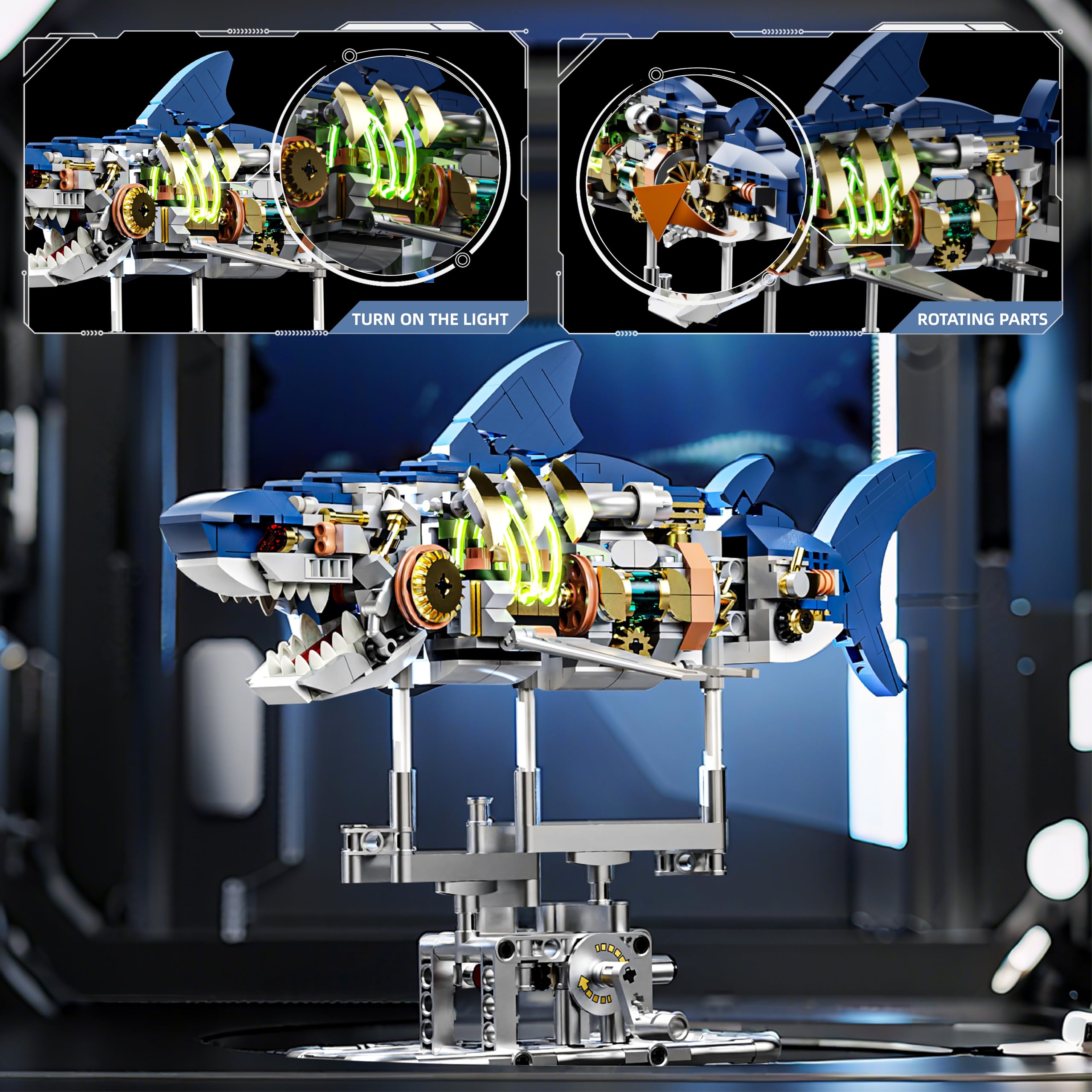 687-PCS Mechanical Shark Building Set with LED Light, Movable Linkage Gears, Display Stand - Ocean Building Block Toy for Adults, Teens, Kids Age 12+
