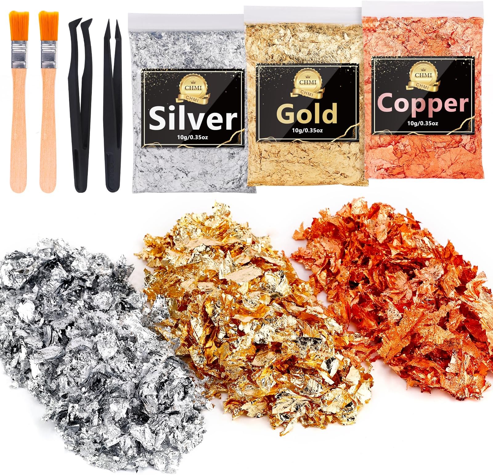 CHMI Gold Foil Flakes for Resin -30g, Jewelry Making, Imitation Gold Foil Flakes Metallic Leaf for Nails, Painting, Crafts, Slime and Resin Jewelry Making (Gold, Silver, Copper Colors)