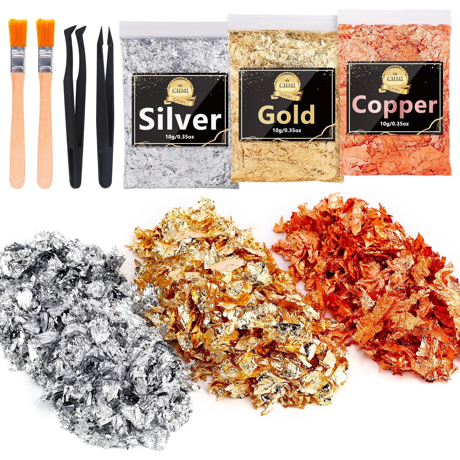 CHMI Gold Foil Flakes for Resin -30g, Jewelry Making, Imitation Gold Foil Flakes Metallic Leaf for Nails, Painting, Crafts, Slime and Resin Jewelry Making (Gold, Silver, Copper Colors)