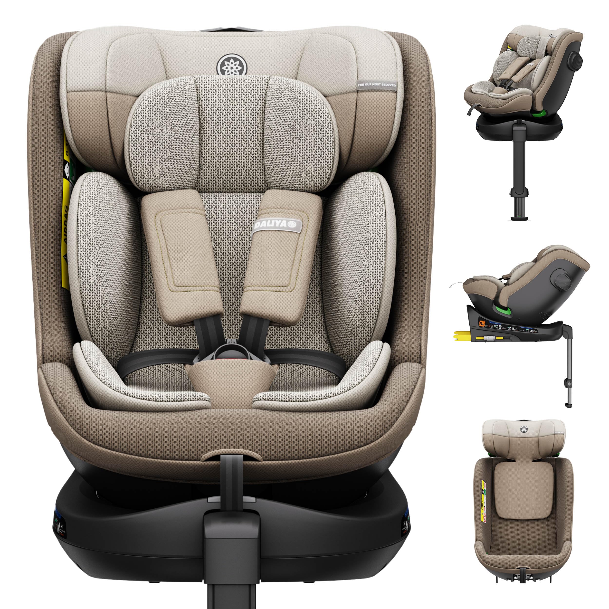 Daliya® BRAVO i-Size | 360° drehbarer Kindersitz mit ISOFIX & Stützfuß, Mitwachsender Autokindersitz 0–12 Jahre (40–150 cm), Air-Active Mesh, ergonomisch & atmungsaktiv (Beige)
