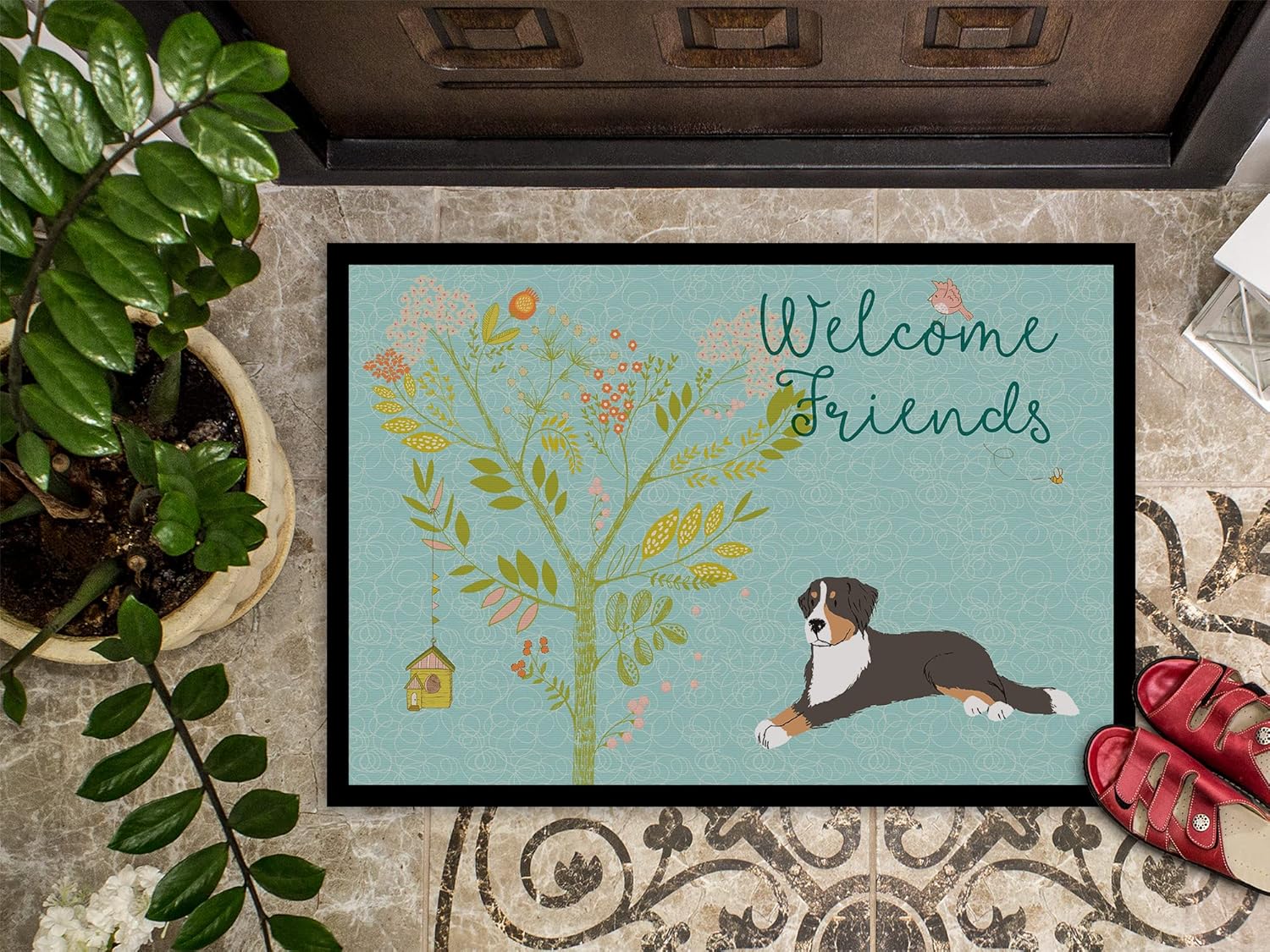 Caroline's Treasures BB7579MAT Welcome Friends Bernese Mountain Dog Doormat 18x27 Front Door Mat Indoor Outdoor Rugs for Entryway, Non Slip Washable Low Pile, 18H X 27W