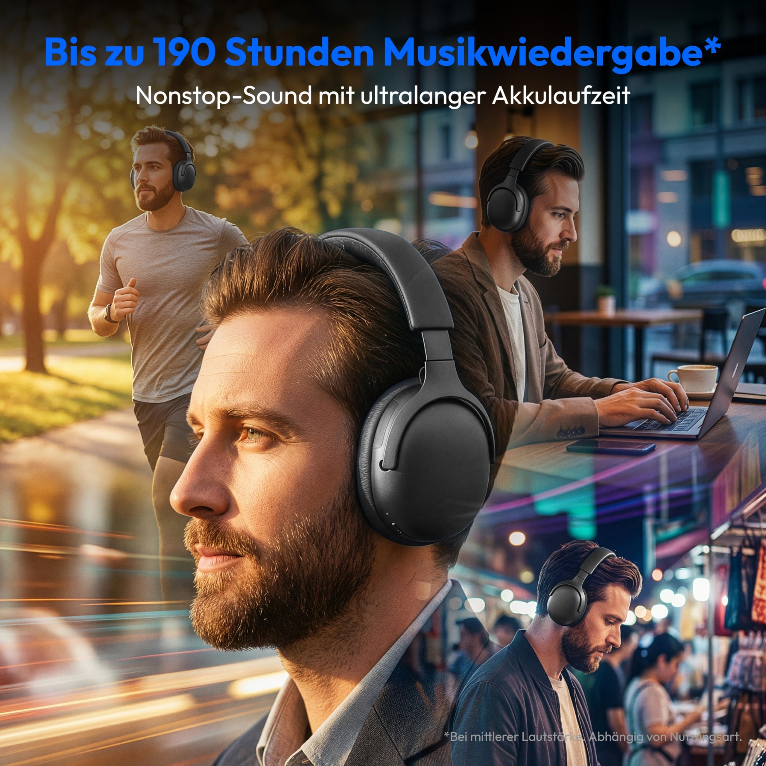 MEDION Over Ear Kopfhörer HX-1 Pro (kabellos, Hybrid Active Noise Cancelling ANC, Bluetooth 6.0, Wireless, 7+1 EQ Presets, bis zu 190 Stunden Akkulaufzeit, IPX4 Spritzwasserschutz) urban anthrazit