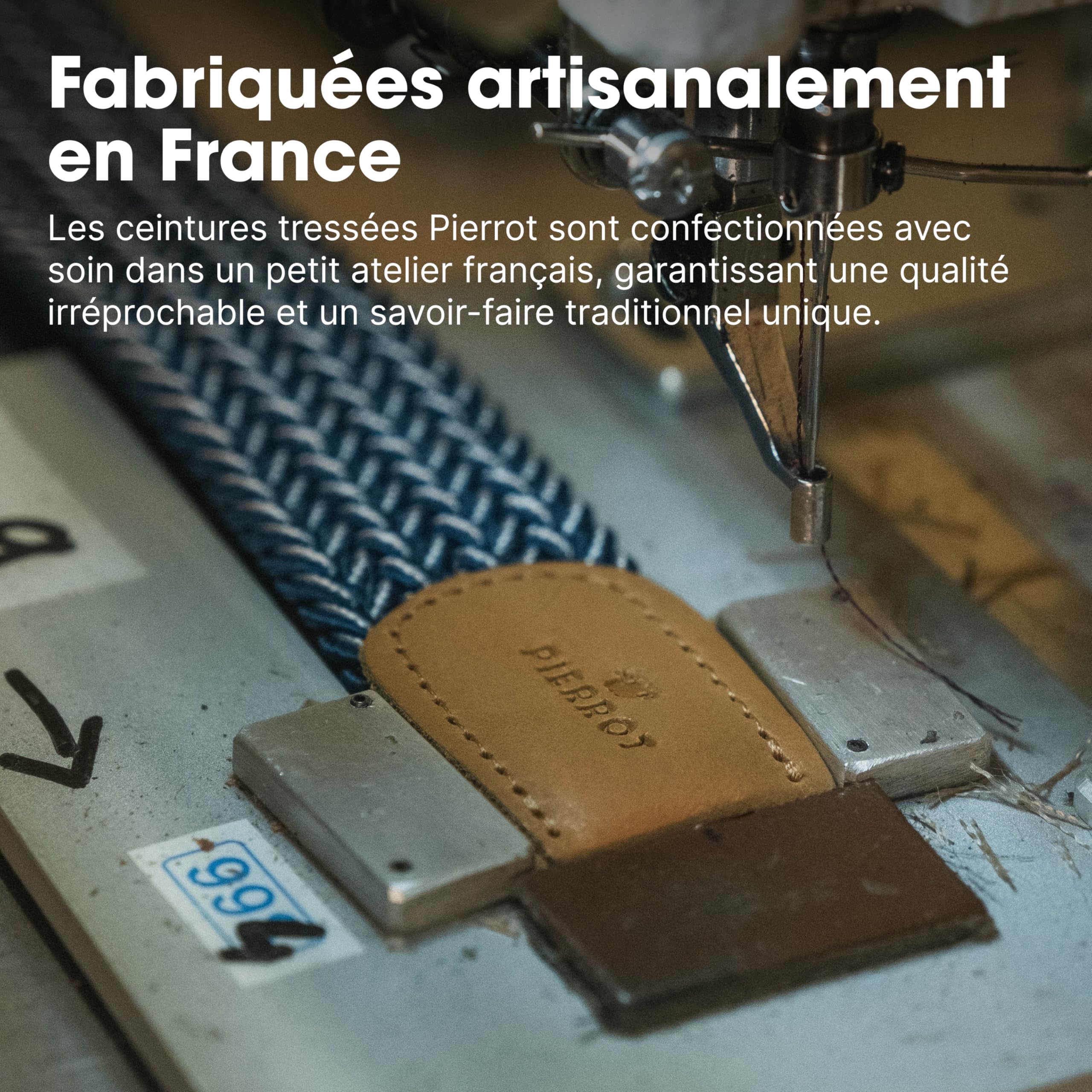PIERROT Ceinture Tressée Élastique Made in France - Ceinture Elastique pour Hommes Étirable avec Tissu Souple 105cm à 120cm - Fabrication Artisanale Boucle en Acier & Finitions en Cuir
