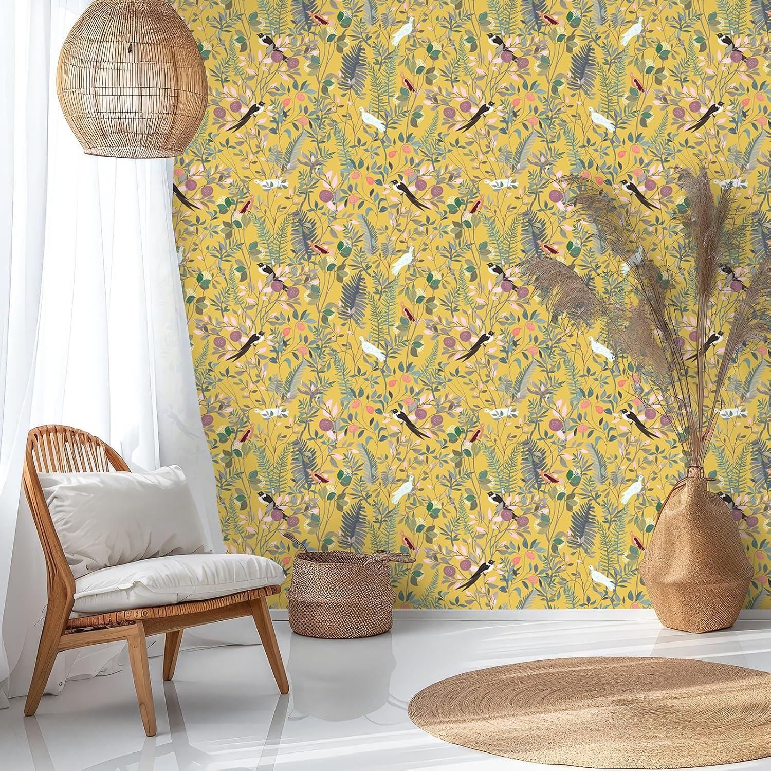 VEELIKE Yellow Chinoiserie Wallpaper Peel and Stick Berries Bird Wallpaper for Bedroom Living Room Farmhouse 17.7''x354'' Self Adhesive Floral Contact Paper Yellow Botanical Wall Paper for Room Decor
