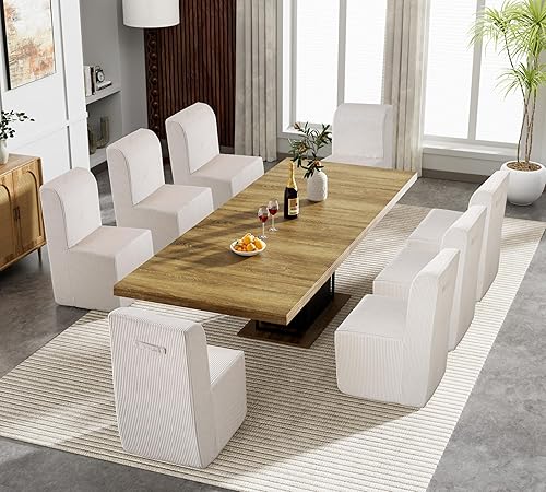 Miniatura 3 de Juego de mesa de comedor extensible marrón de 9 piezas para 8, 63-78.74 pulgadas, juego de mesa de comedor extensible de madera rectangular y sillas