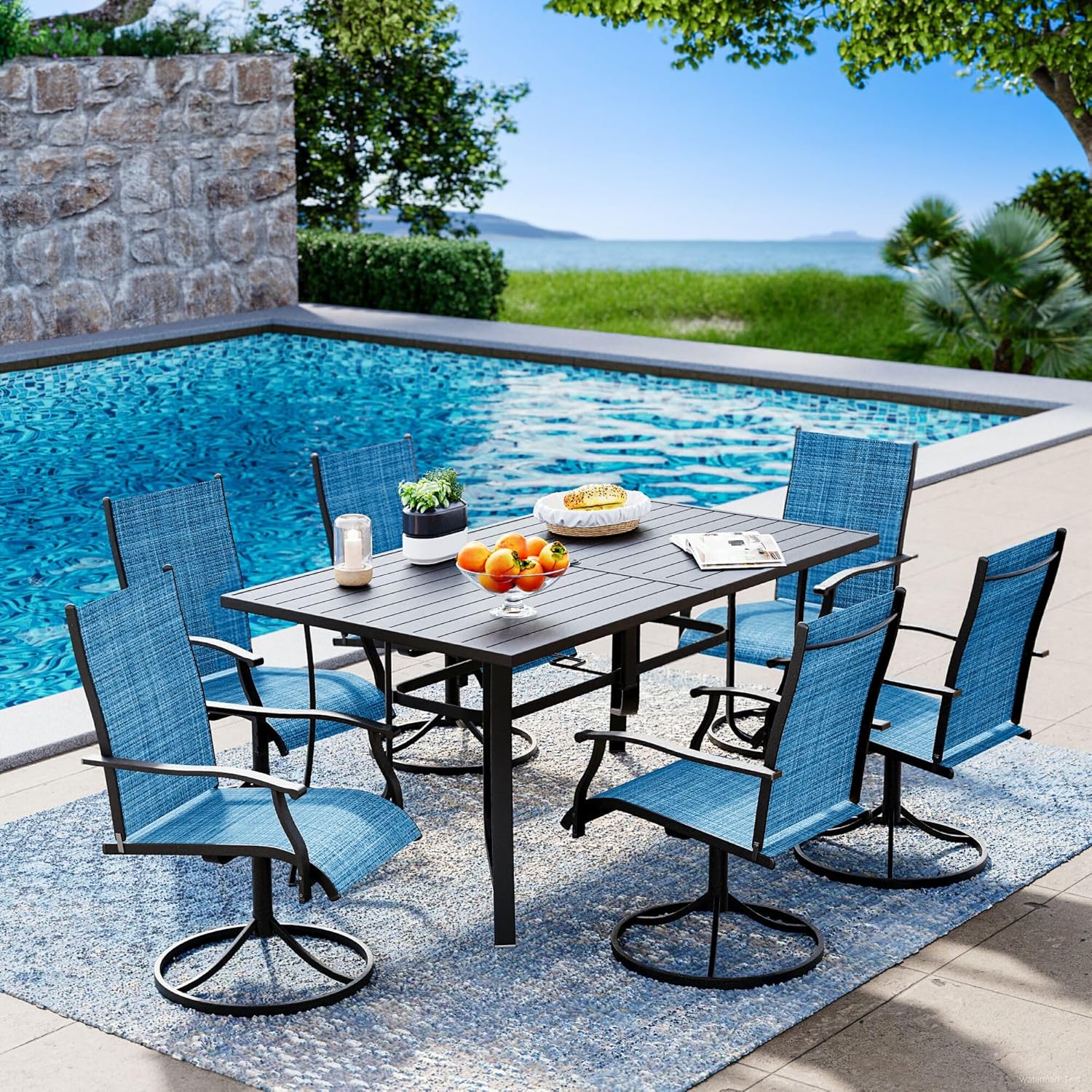 7-Piece Outdoor Dining Table Set for 6,Rectangular Table with Umbrella Hole & 6pcs Patio Swivel Rocking Chairs - Patio Outdoor Furniture for Porch,Backyard, Garden, Poolside and Deck-Blue