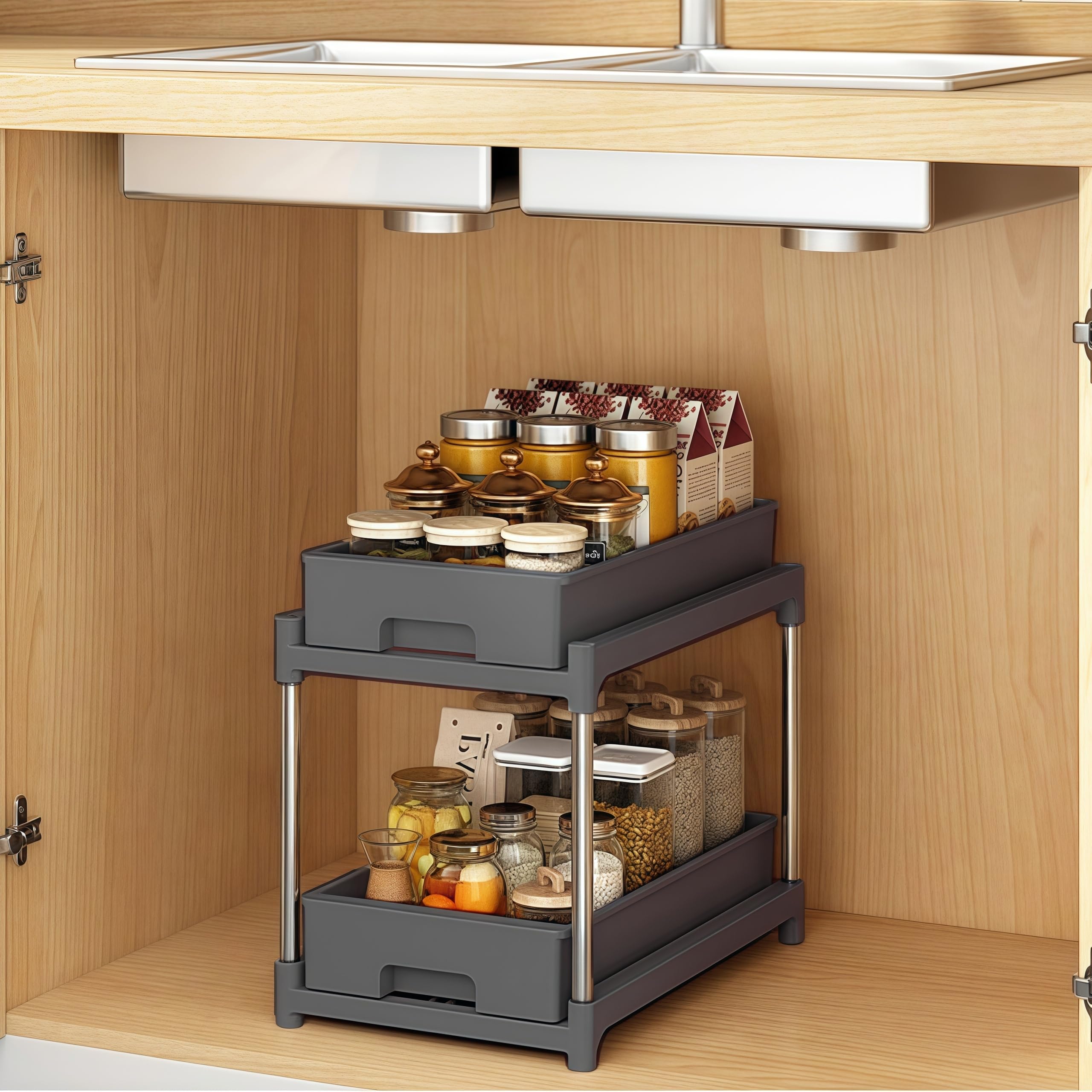 Tinyuet Estantería Bajo Fregadero, Organizador de 2 Niveles Extraíble para Bajo Fregadero - Cocina, Baño y Hogar - Negro - 1 Unidad
