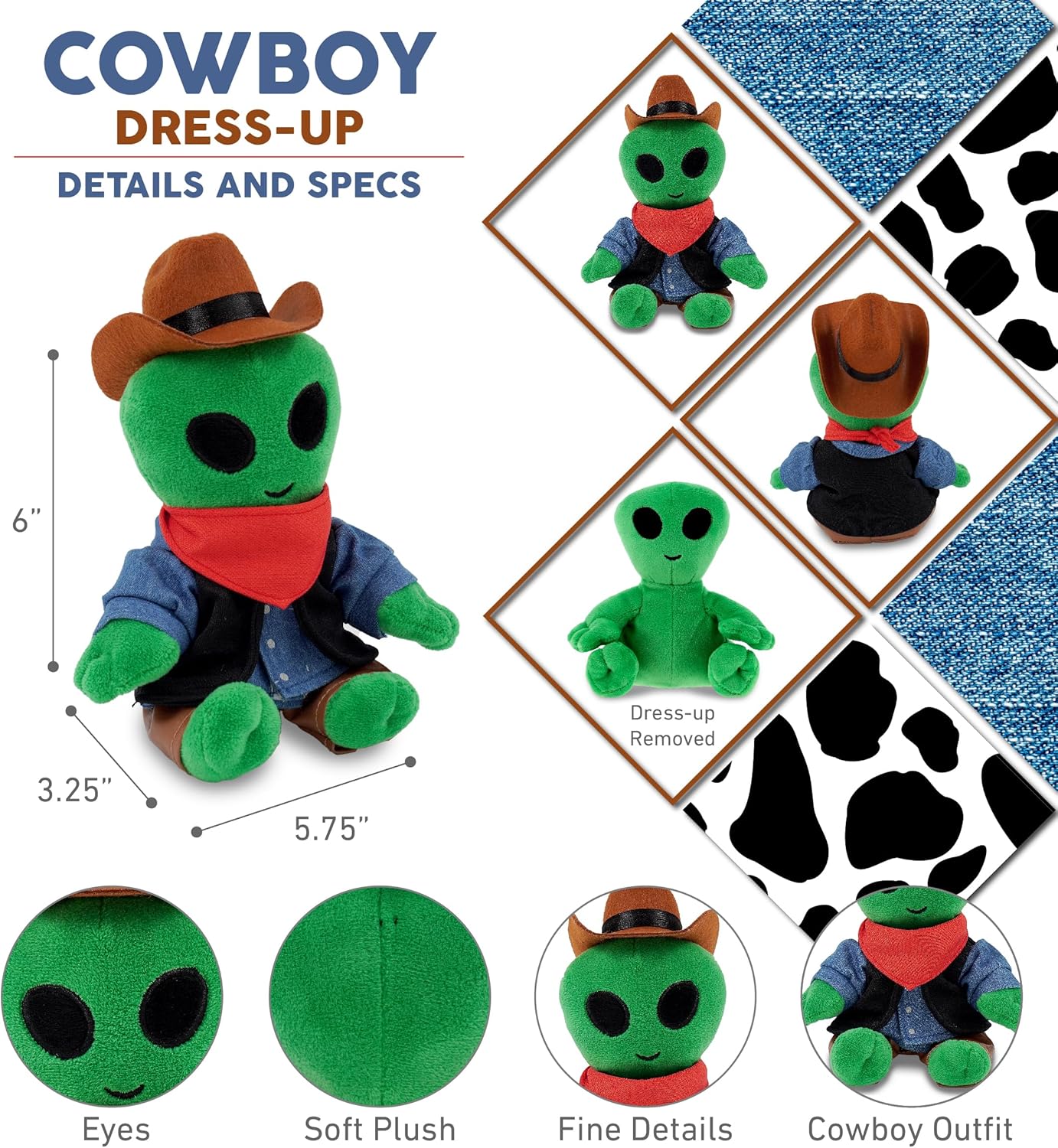 DolliBu Green Alien Stuffed Animal Cowboy Plush with Name Personalization - Western-Themed Bear Plush with Cute Cowboy Costume Denim Shirt Vest, Bandana, Leather Pants, and Hat - 6 Inch