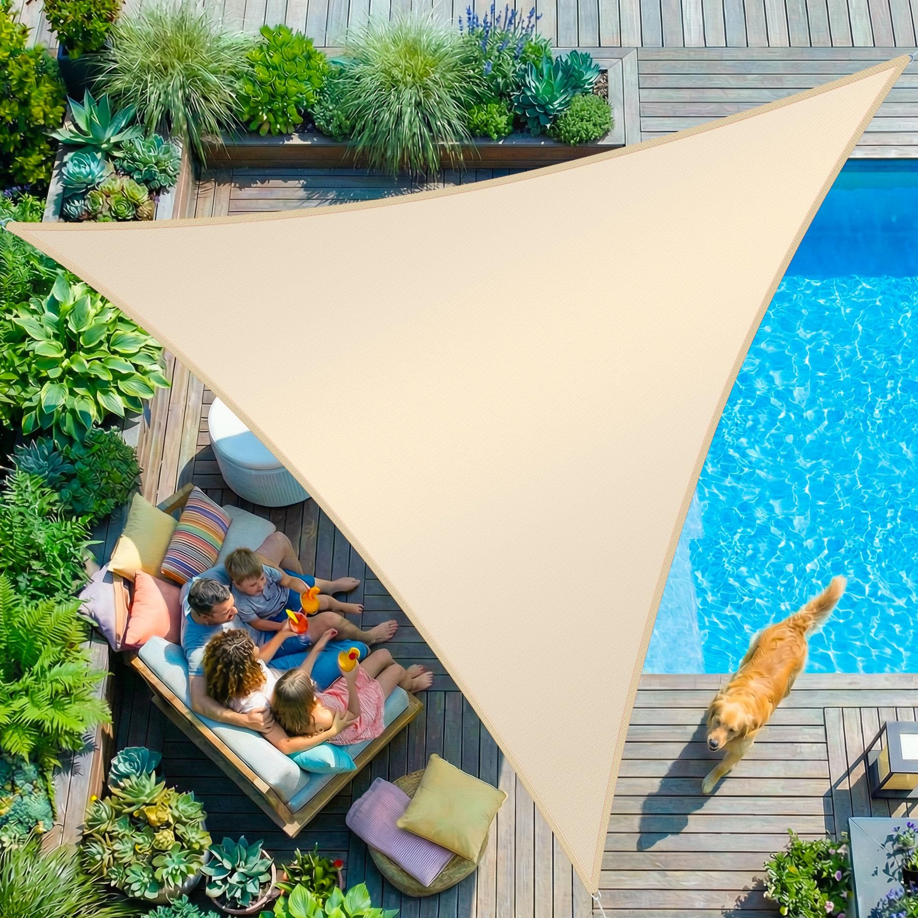 KESSER® Sonnensegel Sonnenschutz Windschutz | HDPE Gewebe | wasserabweisend & windabweisend | Dreieck 5x5x5m | 5-Fach quer vernäht robust & stabil Schattenspender Garten Balkon Terrasse Creme
