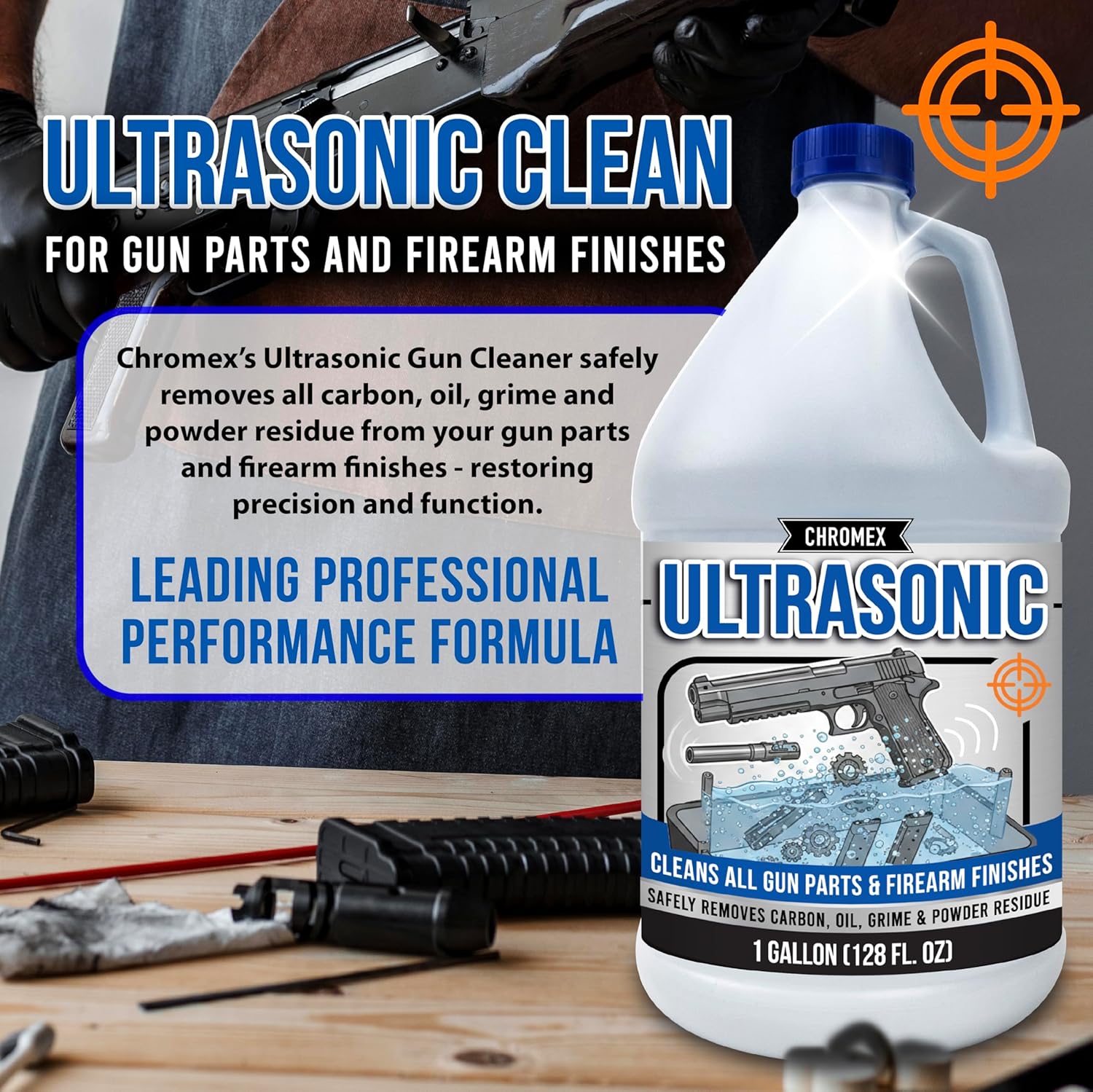 Chromex Ultrasonic Gun Parts Cleaning Solution - Concentrated Firearm Solvent & Carbon Remover - Odorless & Safe on Finishes - 1 Gallon