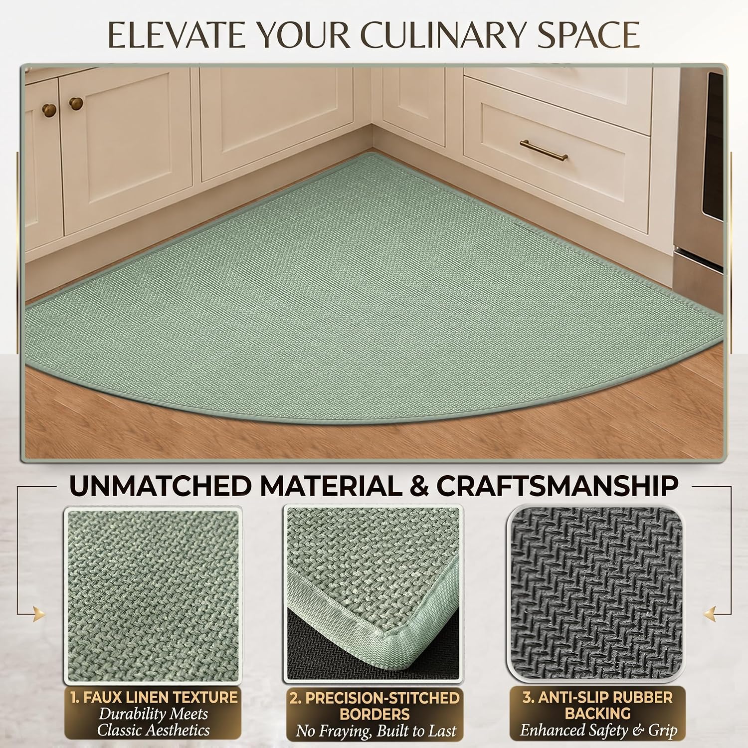 Corner Kitchen Rug, High-Density Linen-Like Woven Rug with Non-Slip Rubber Backing, 0.25 ", Wear-Resistant and Non-Shedding, Triangle Corner Rug for Kitchen, Sage Green, 40" x 40"