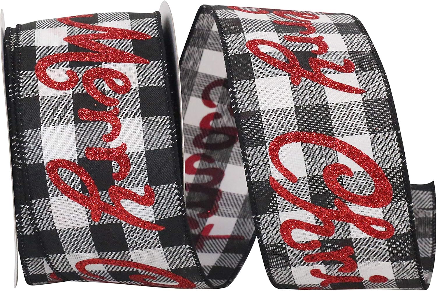 Reliant Ribbon Merry Christmas Glitter Buffalo Check Twill Wired Edge Ribbon, 2-1/2 Inch X 20 Yards, Black/white