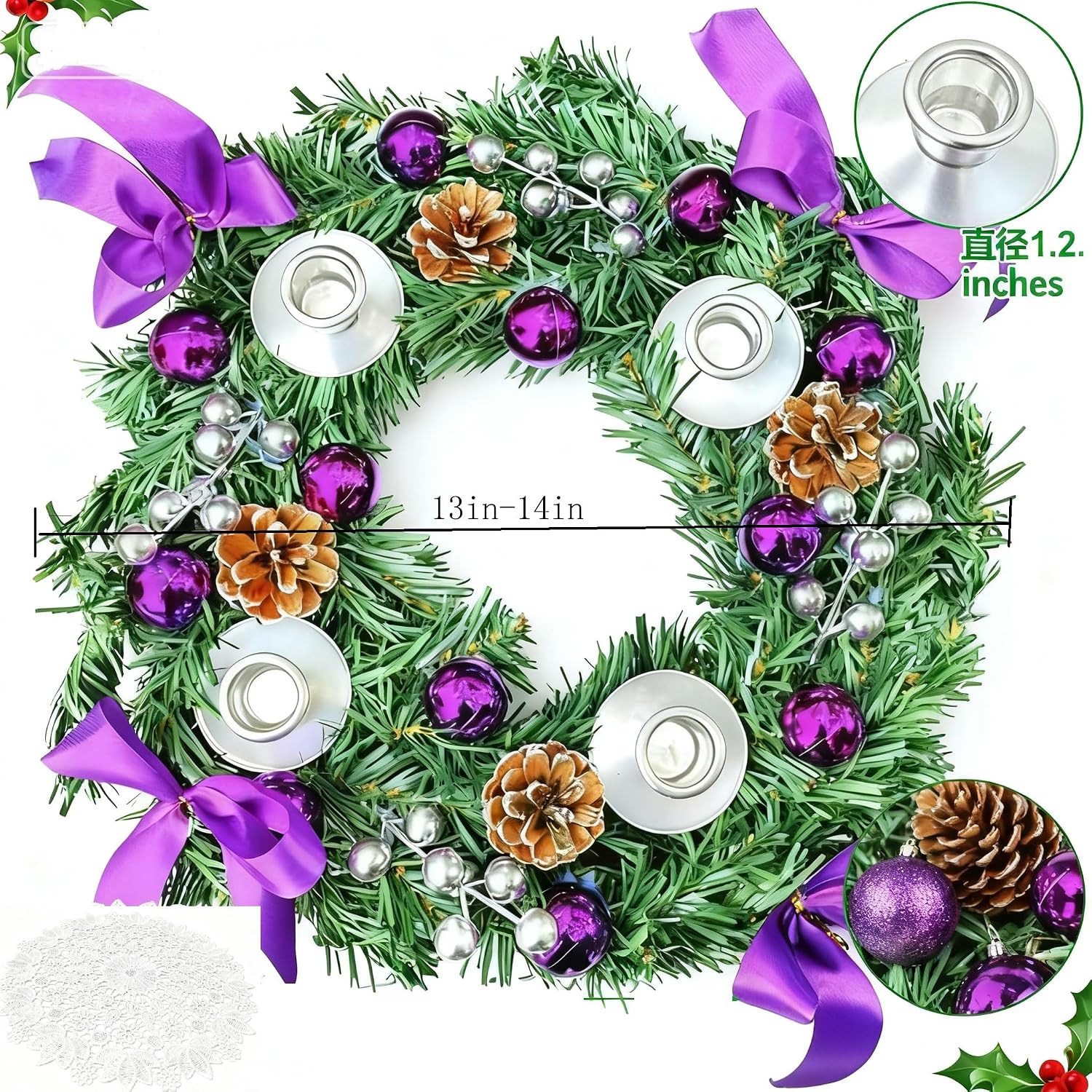 Purple Advent Wreath with Lace Doily Centerpiece, 13-Inch Christmas Table Wreath with 4 Silver Candle Holders - Candles Not Included